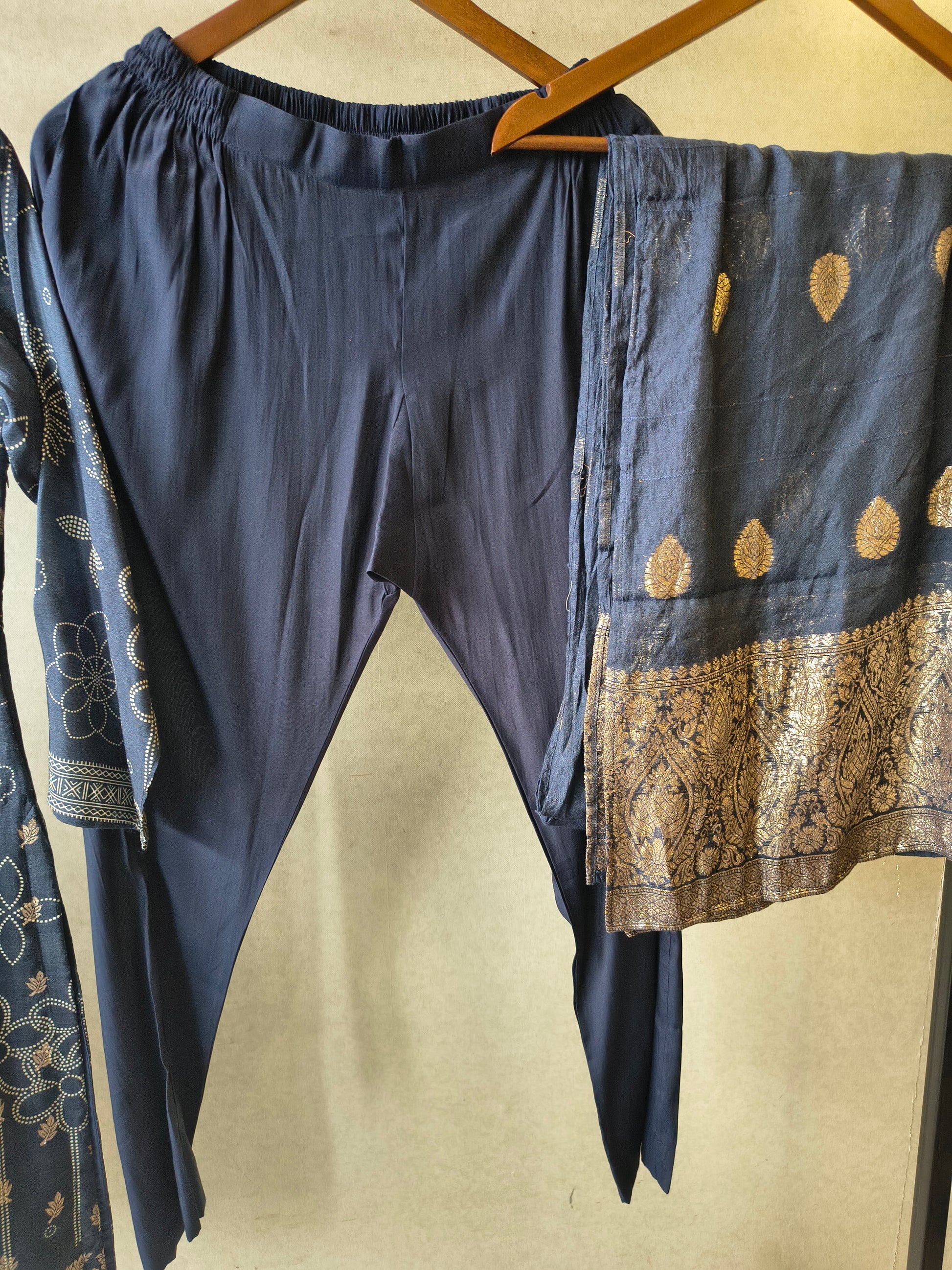 Premium Midnight Blue Zari Printed Kurta Set with Banarasi Dupatta