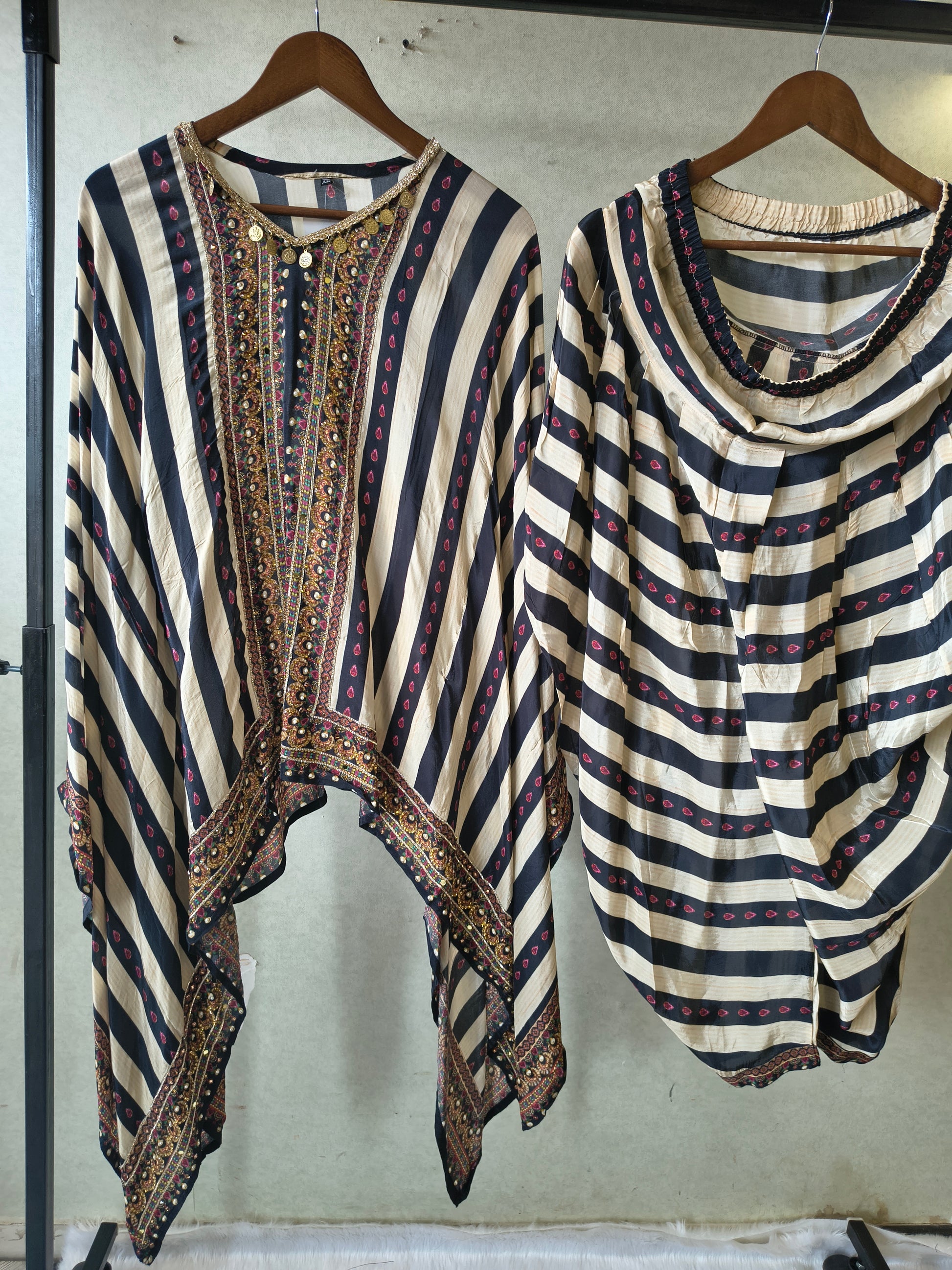 Ivory & Navy Striped Designer Kaftan Co-Ord Set with Embroidered Neckline & Draped Silhouette