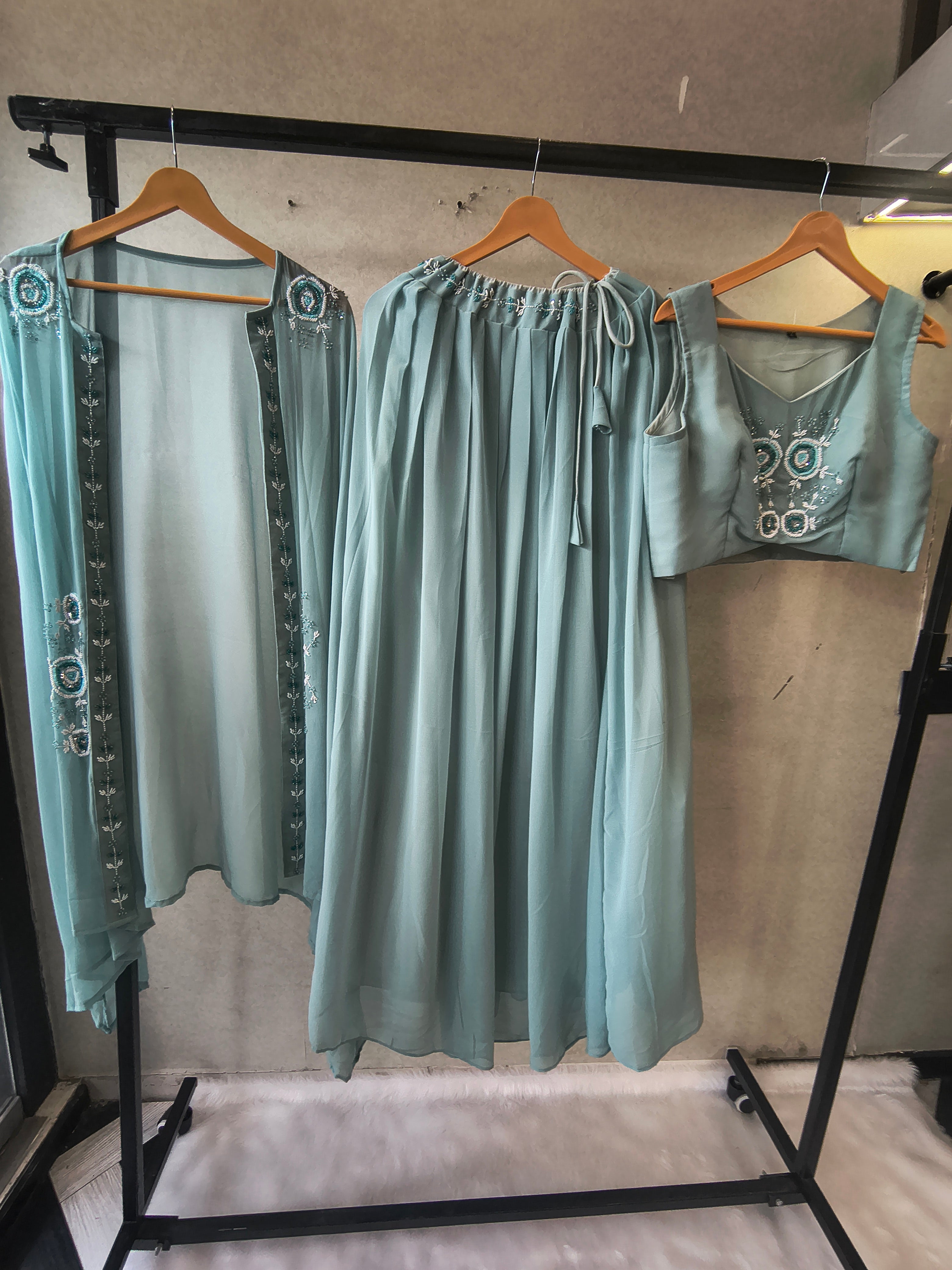 Image of Powder Blue Designer Crop Top Sharara Set with Embroidered Cape & Flared Palazzo | Premium 3 Piece Occasion Wear