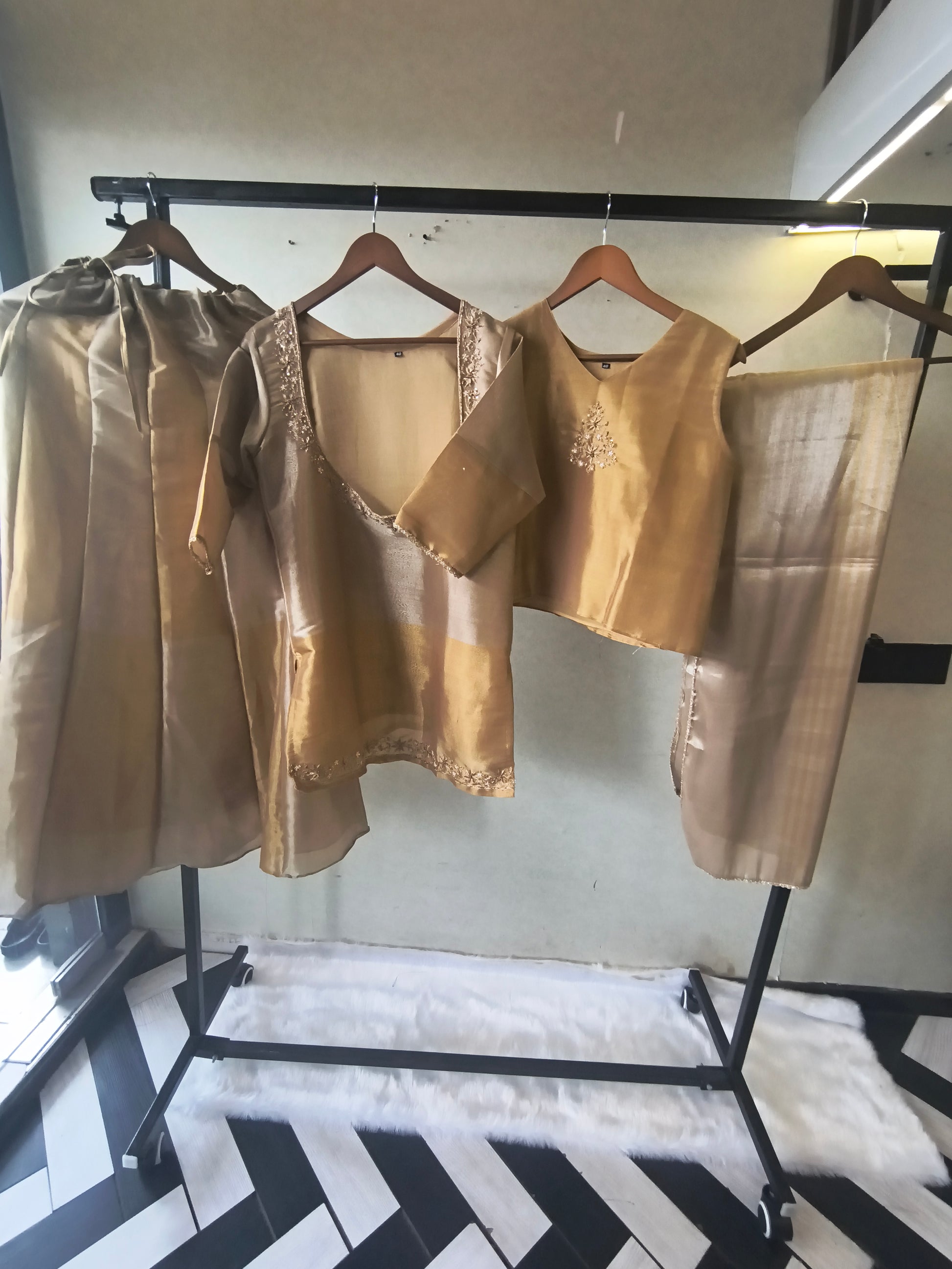 Champagne Gold Tissue Silk Embroidered Layered Kurta with Inner, Palazzo & Woven Dupatta – 4 Piece Designer Festive Set