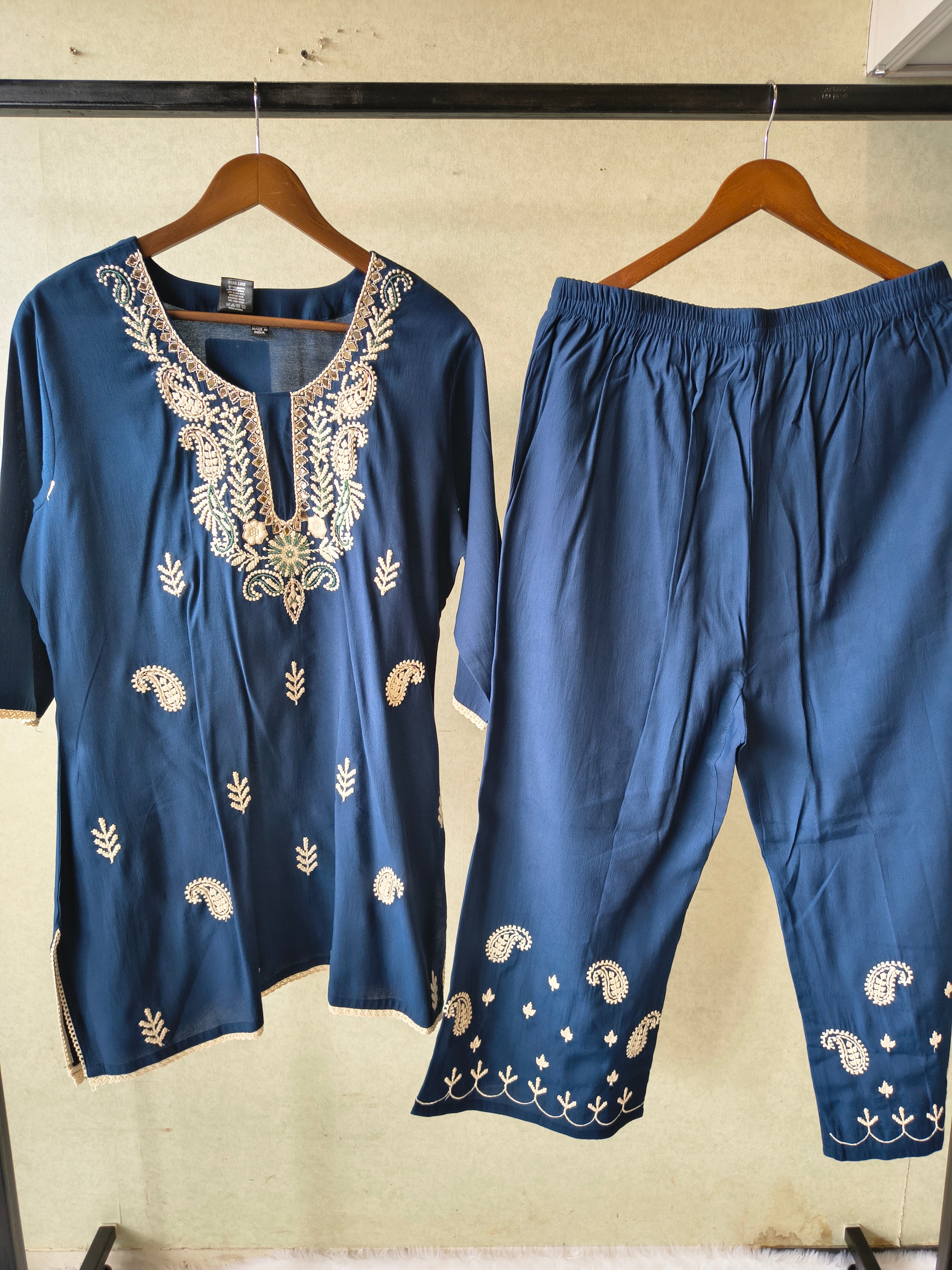 Image of Premium Navy Blue Embroidered Kurta Set with Designer Pants