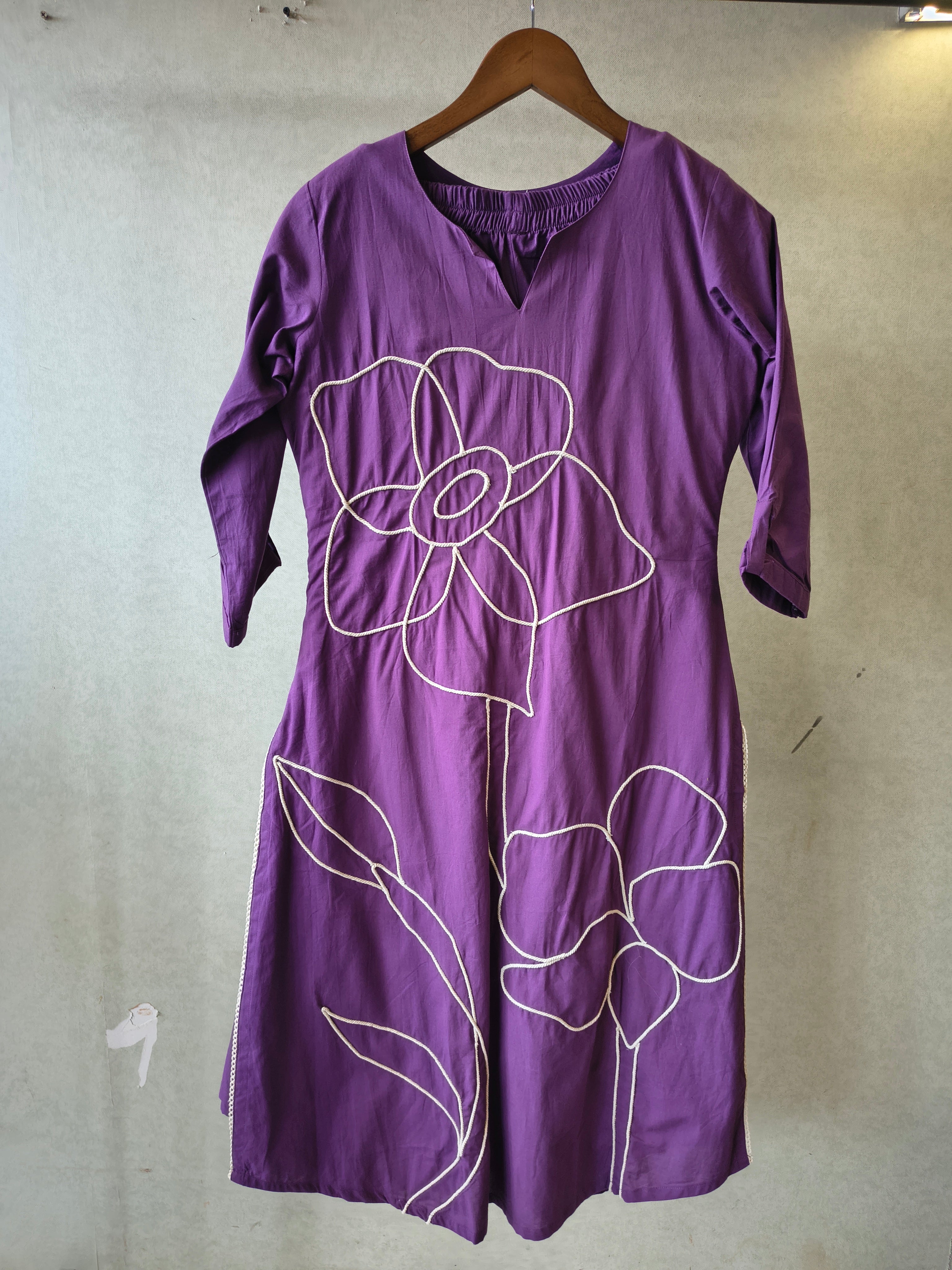 Image of Royal Purple Floral Embroidered Cotton Kurta Set with Straight Pants