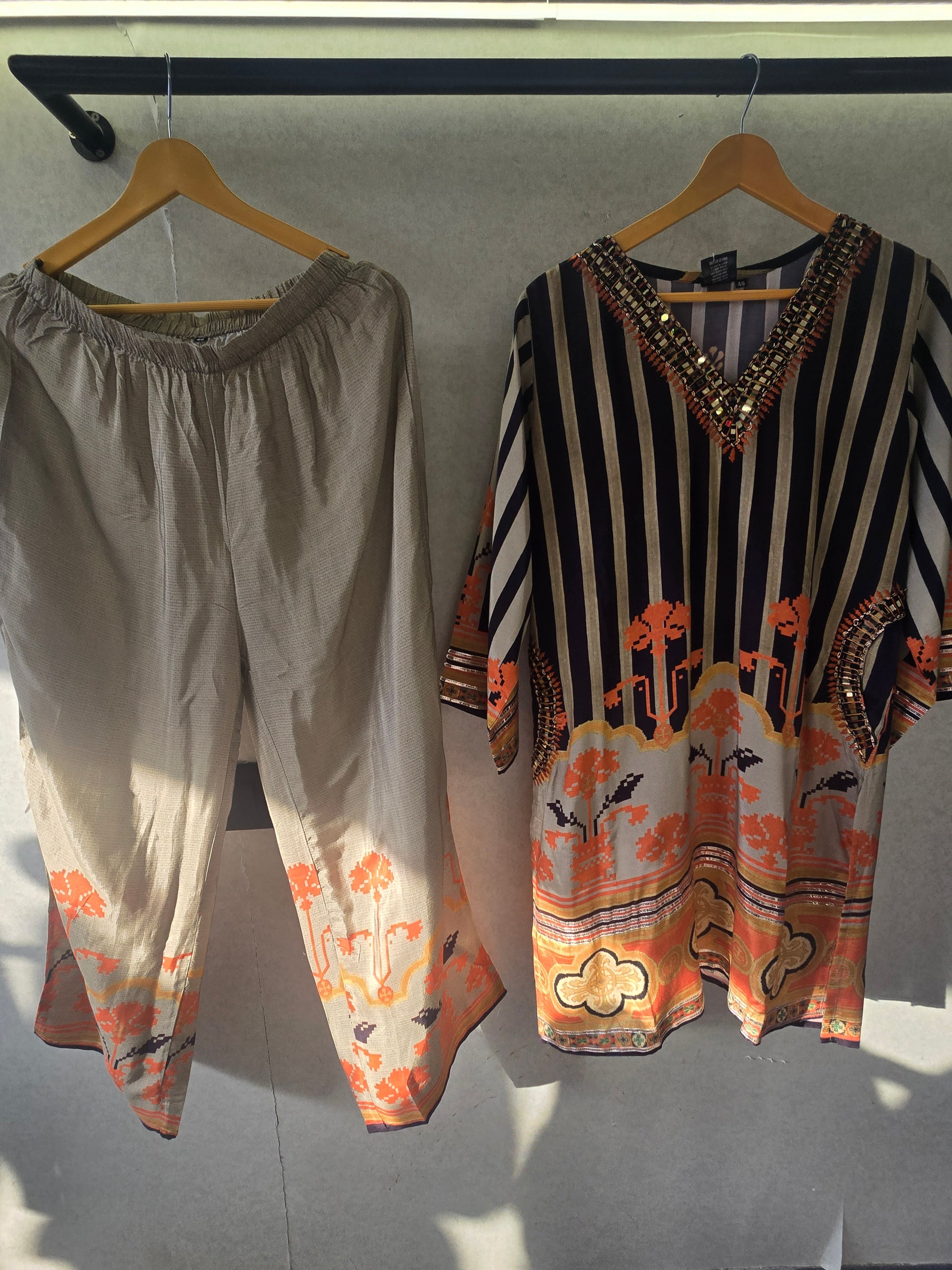 Navy Stripe Mirror Work Kaftan Co-Ord Set