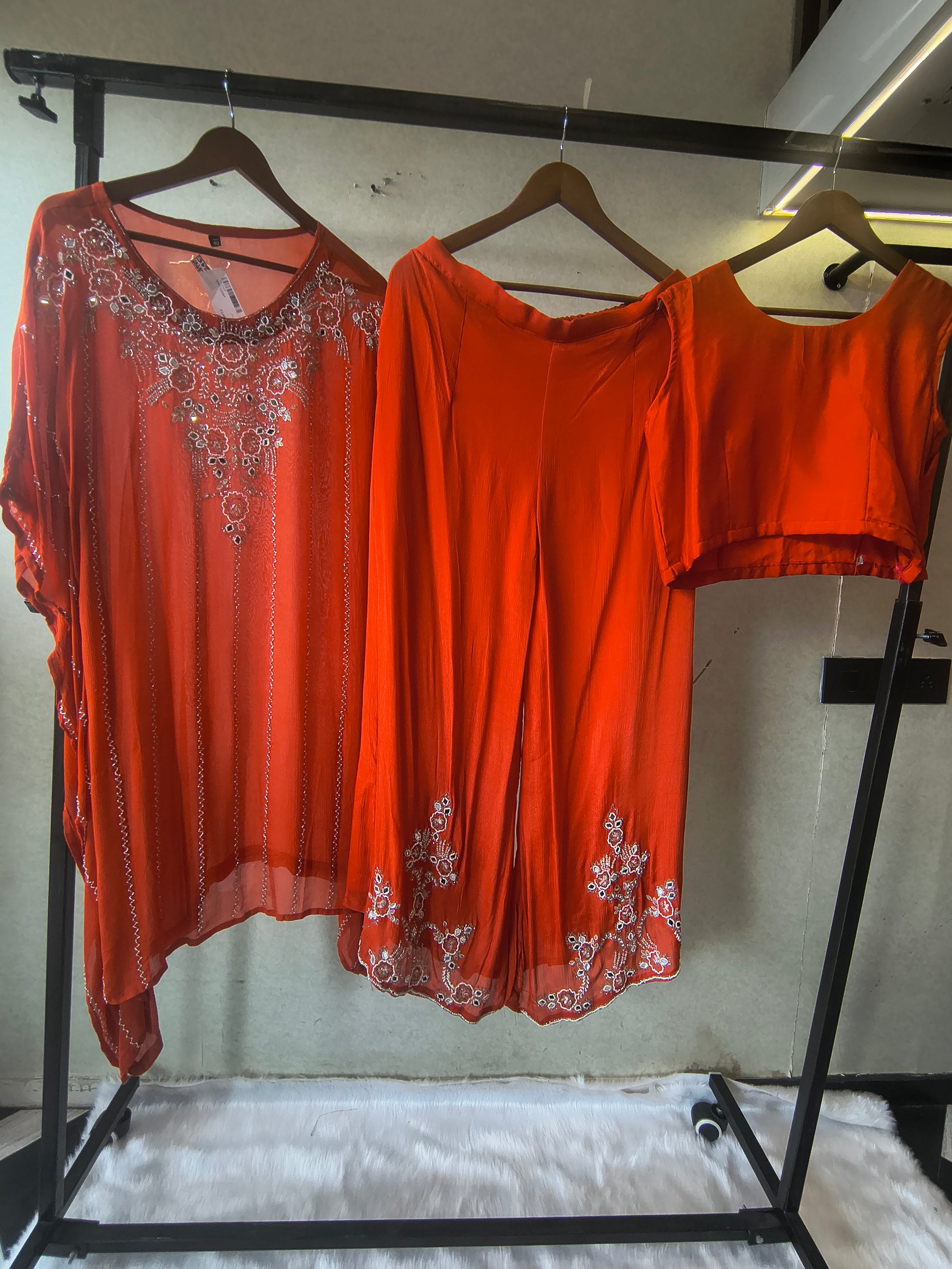 Rust Orange Embroidered Kaftan Co-Ord Set with Palazzo & Blouse – Designer 3 Piece Indo-Western Fusion Wear
