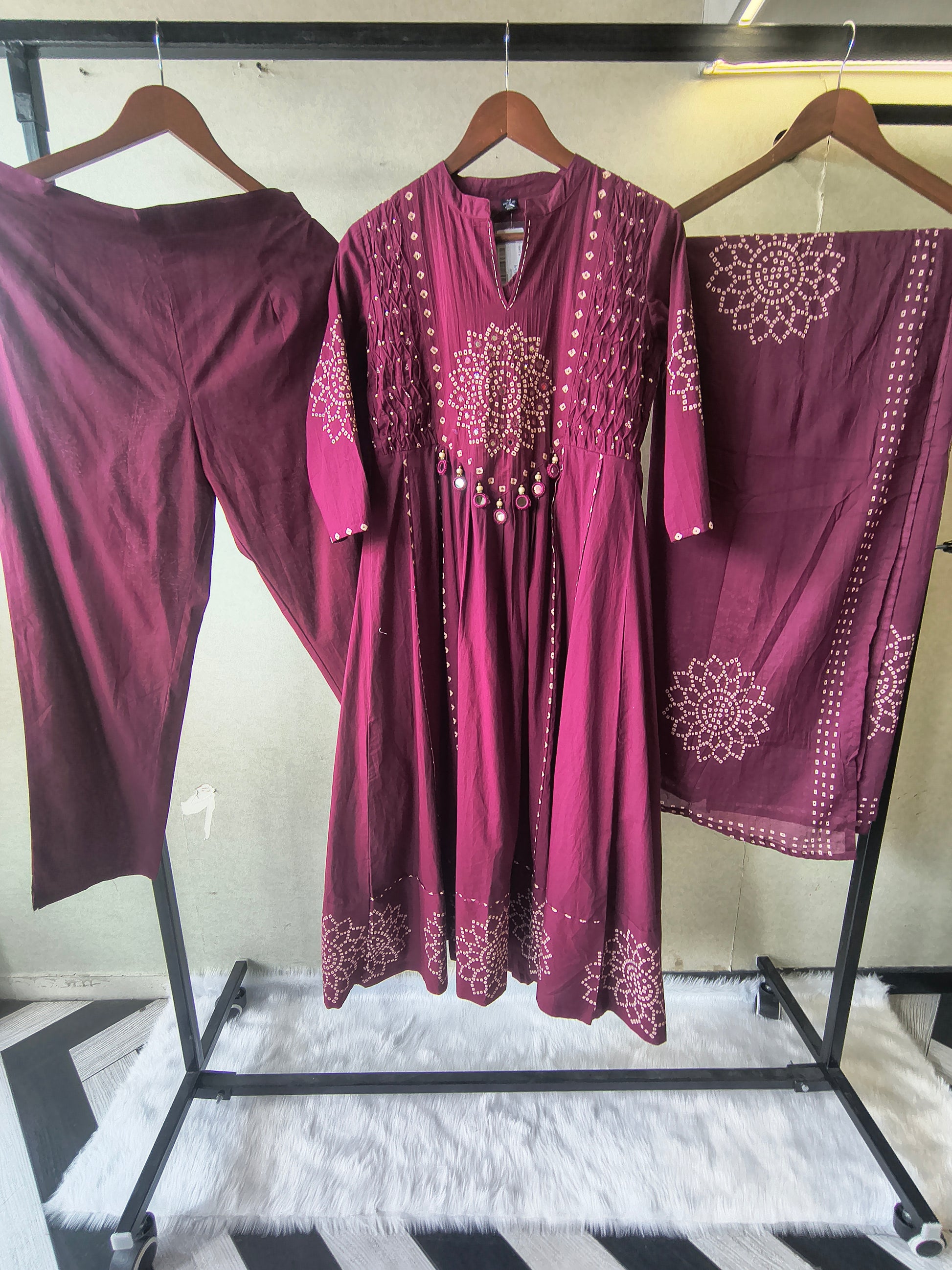 Wine Cotton Anarkali Suit Set with Bandhani Print & Mirror Accent Dupatta