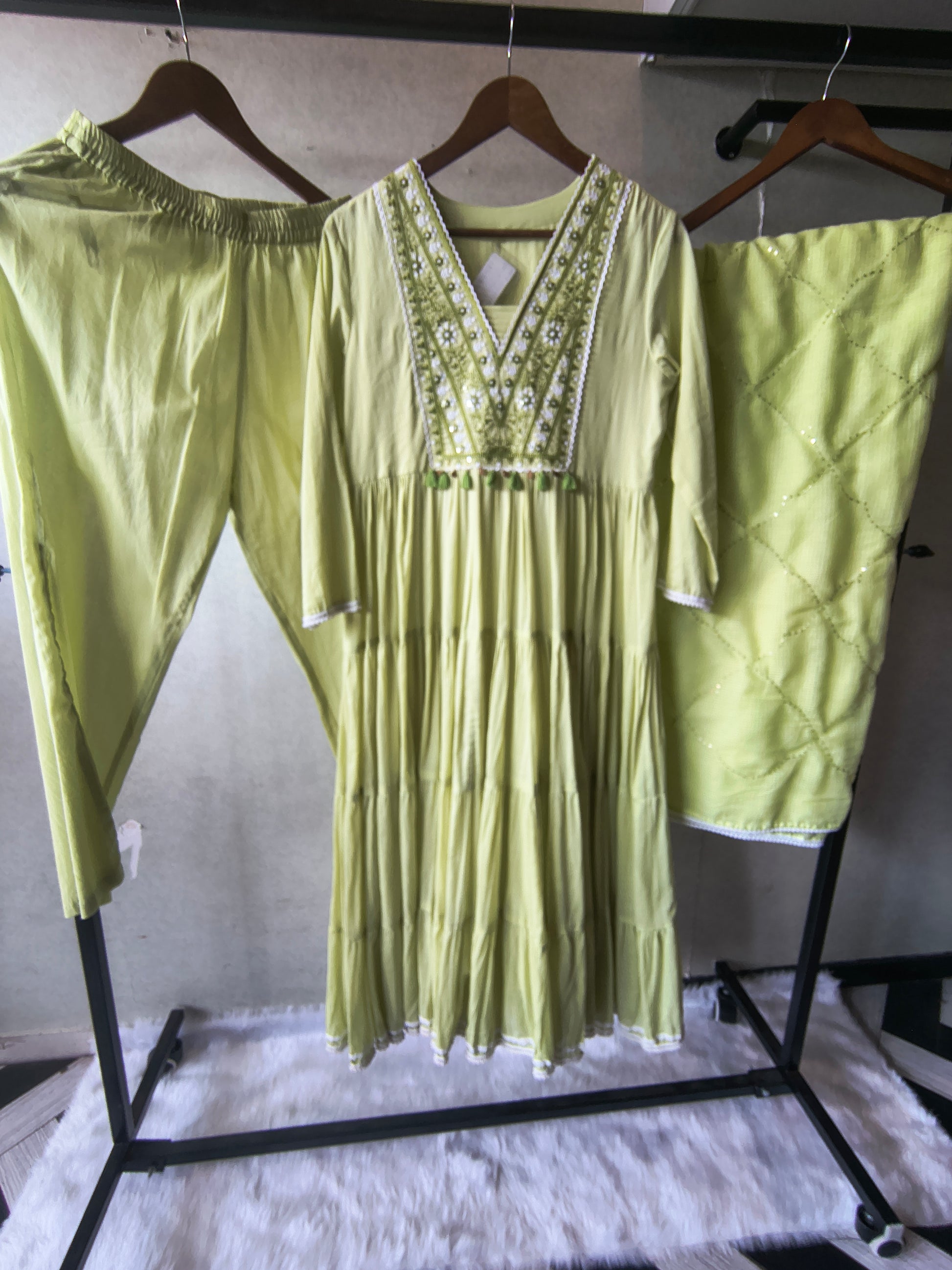 Lime Green Cotton Tiered Kurta Set with Embroidered Yoke & Quilted Dupatta
