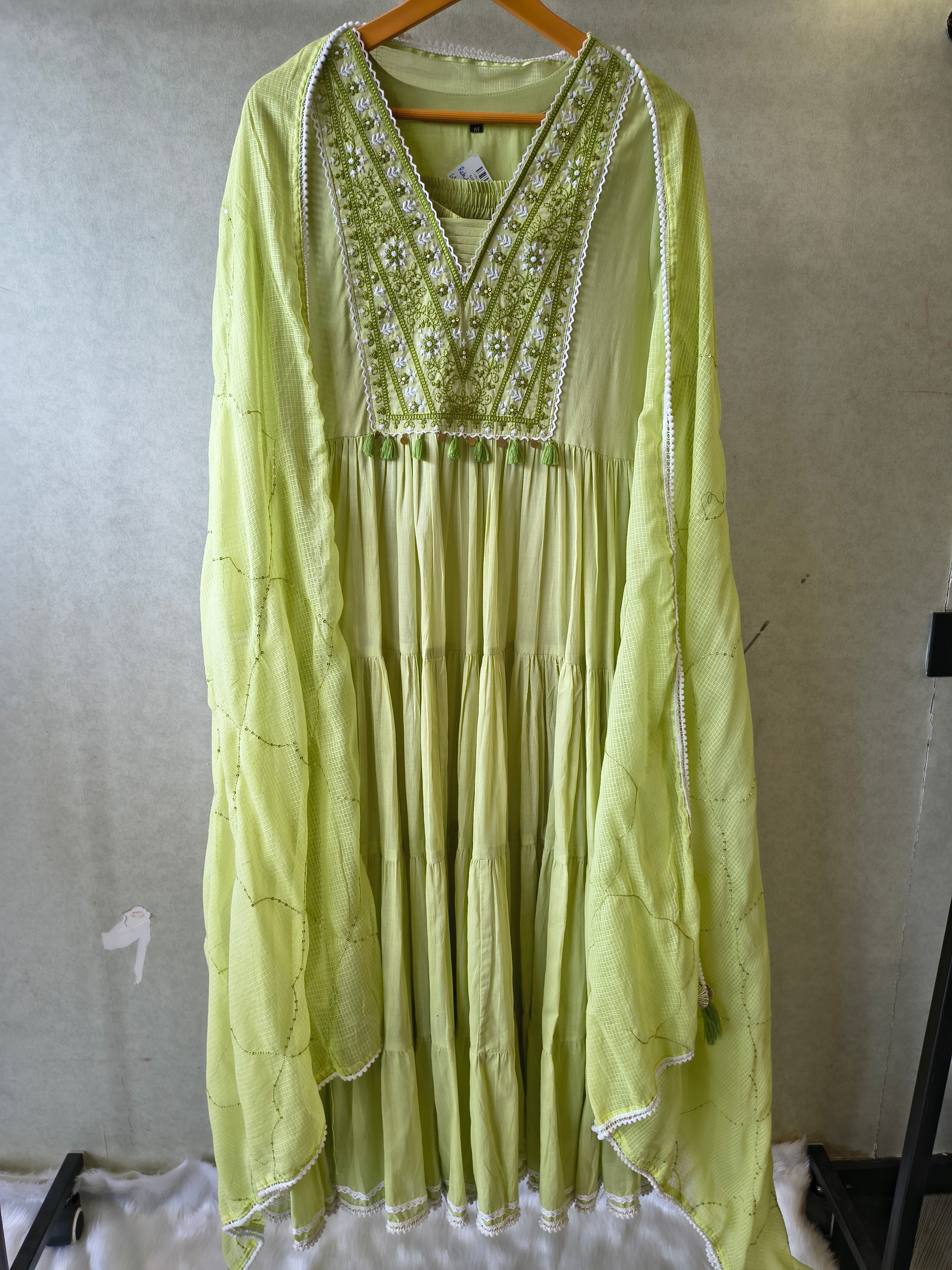 Image of Lime Green Cotton Tiered Kurta Set with Embroidered Yoke & Quilted Dupatta