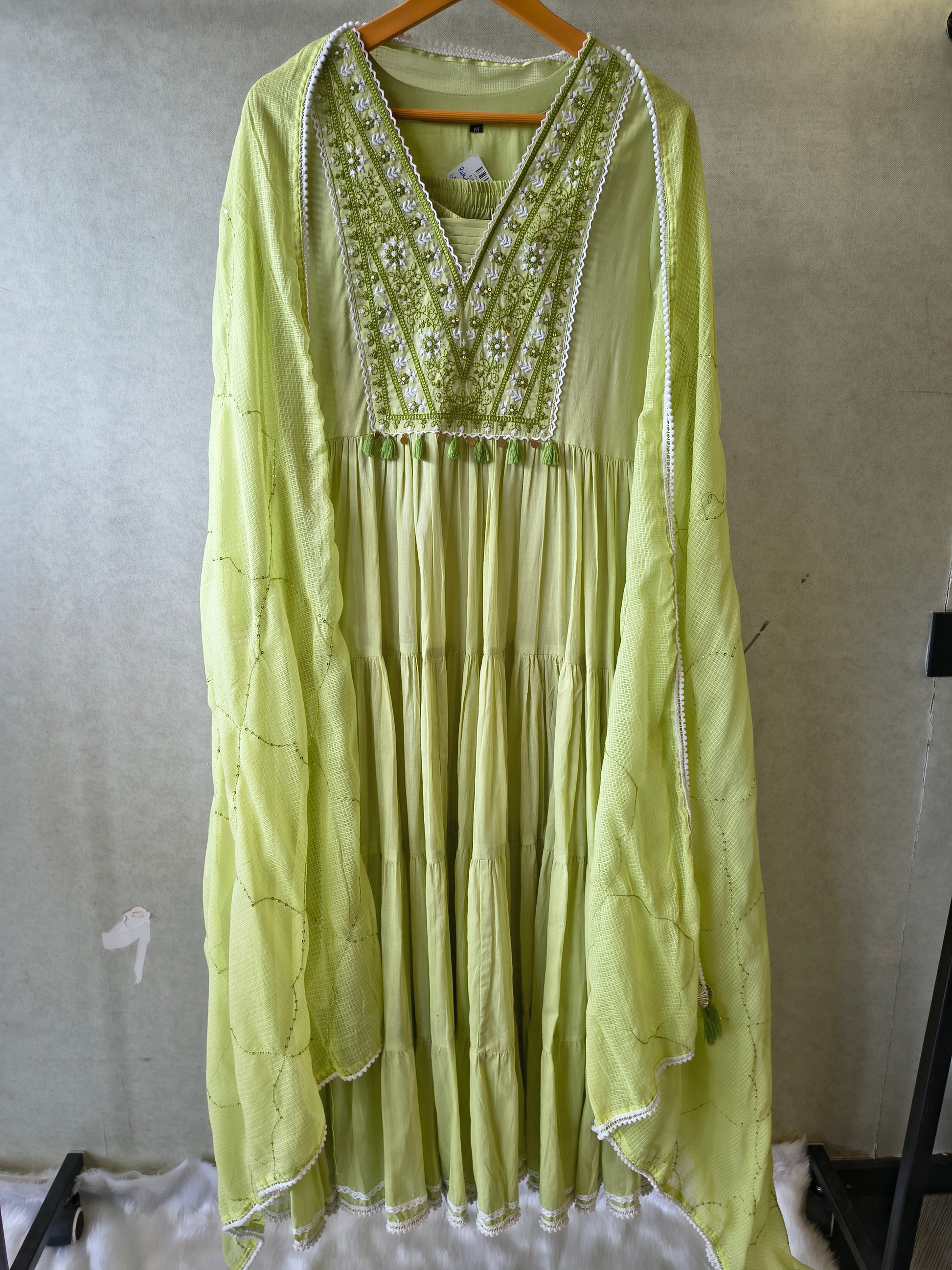 Lime Green Cotton Tiered Kurta Set with Embroidered Yoke & Quilted Dupatta