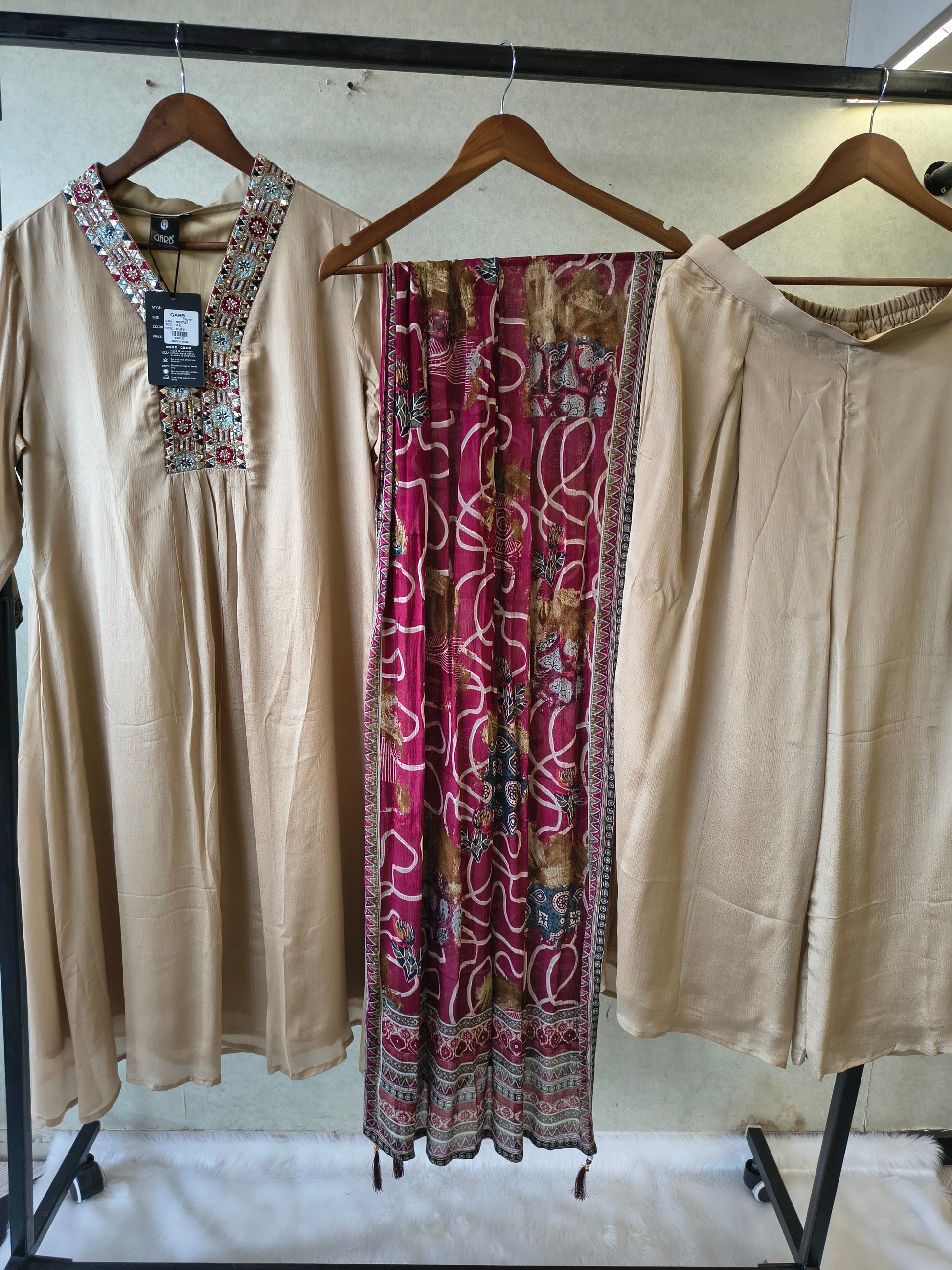 Ivory Beige Embroidered Designer Kurta Set with Printed Dupatta | Premium 3 Piece Ethnic Suit