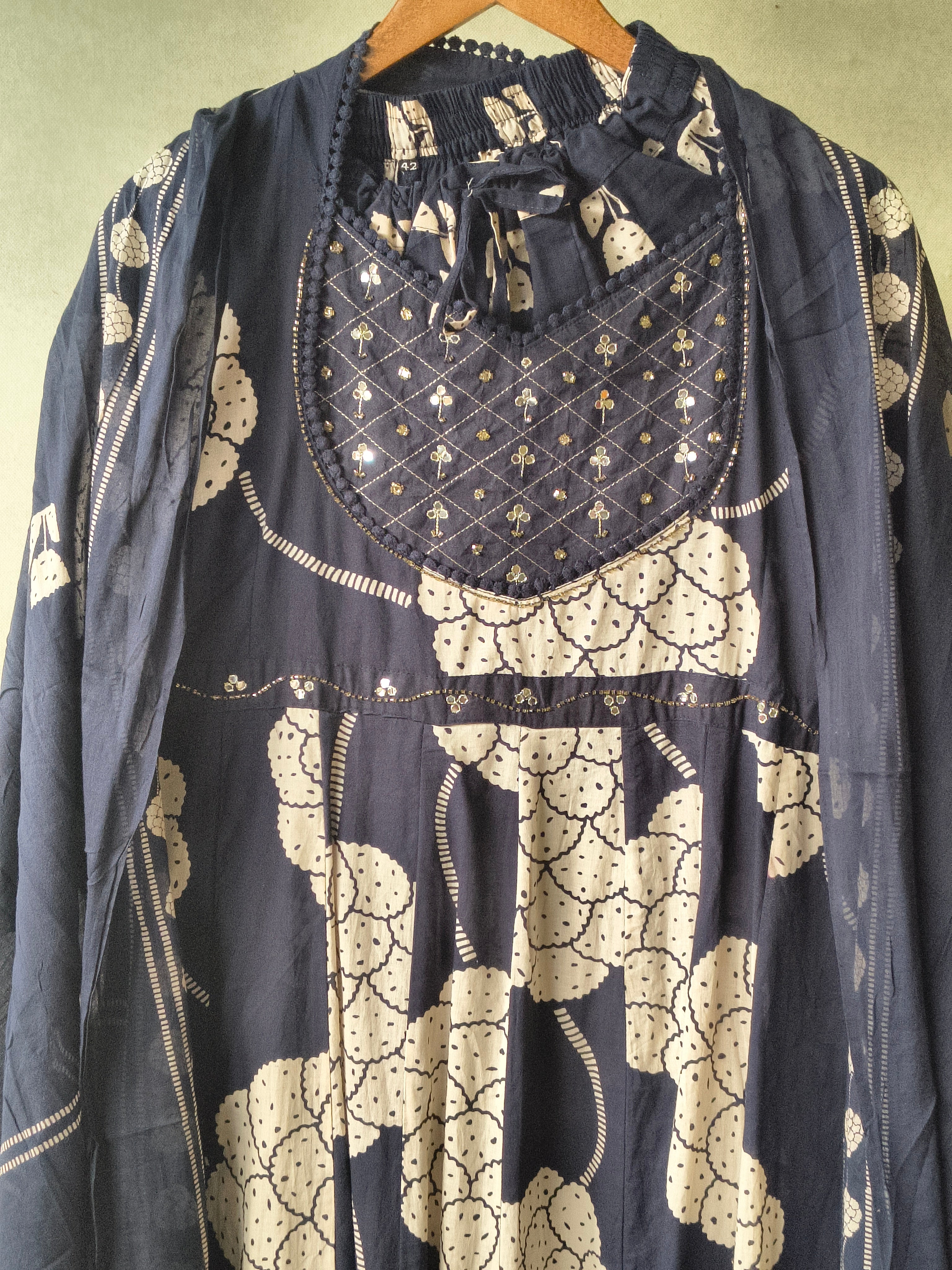 Image of Premium Navy Blue Handblock Printed Cotton Anarkali Suit Set with Printed Pants & Dupatta