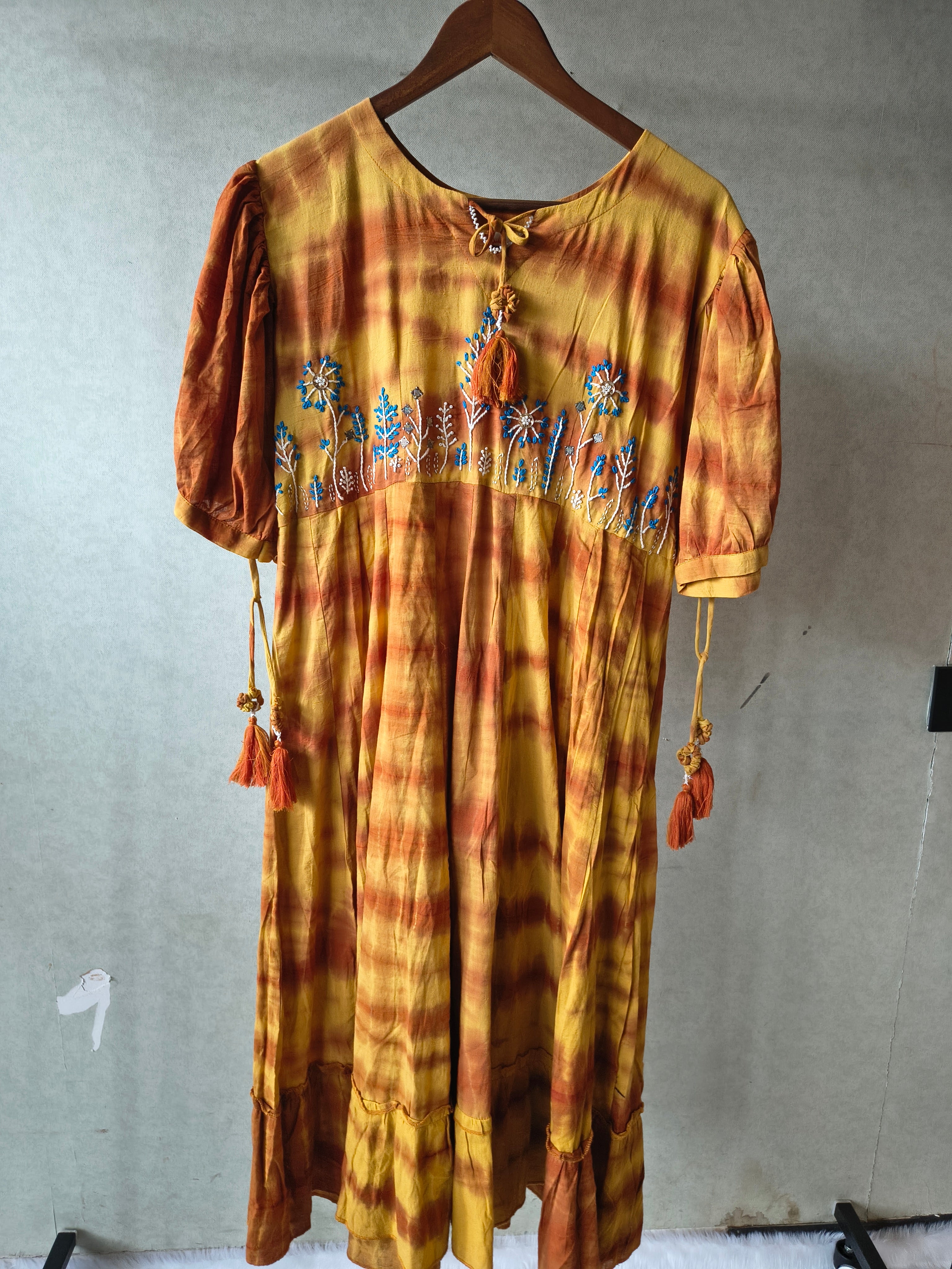 Image of Premium Mustard Tie-Dye Embroidered Cotton Flared Dress