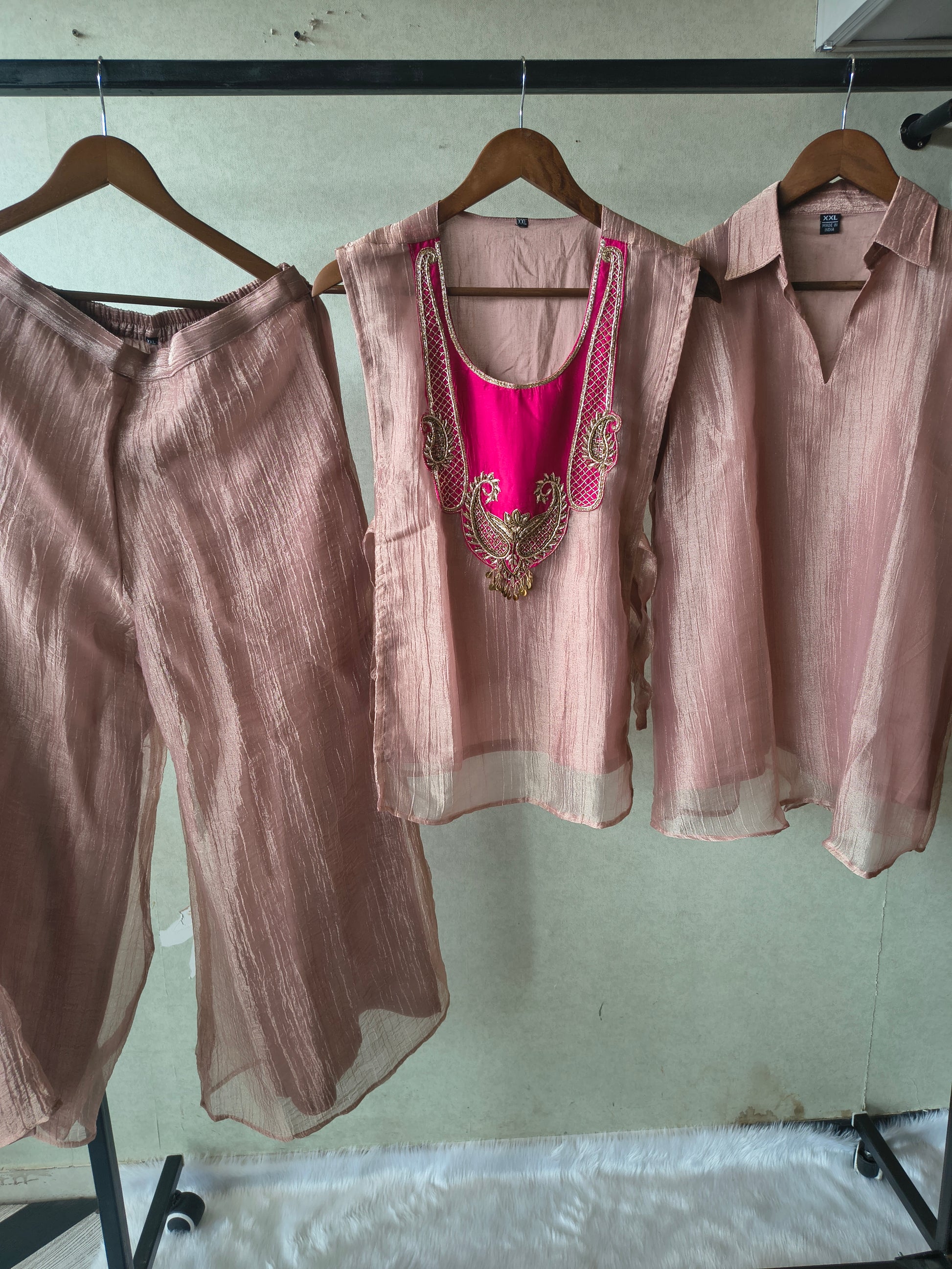 Premium Rose Gold Tissue Silk 3-Piece Co-Ord Set with Hand Embellished Jacket, Inner & Palazzo