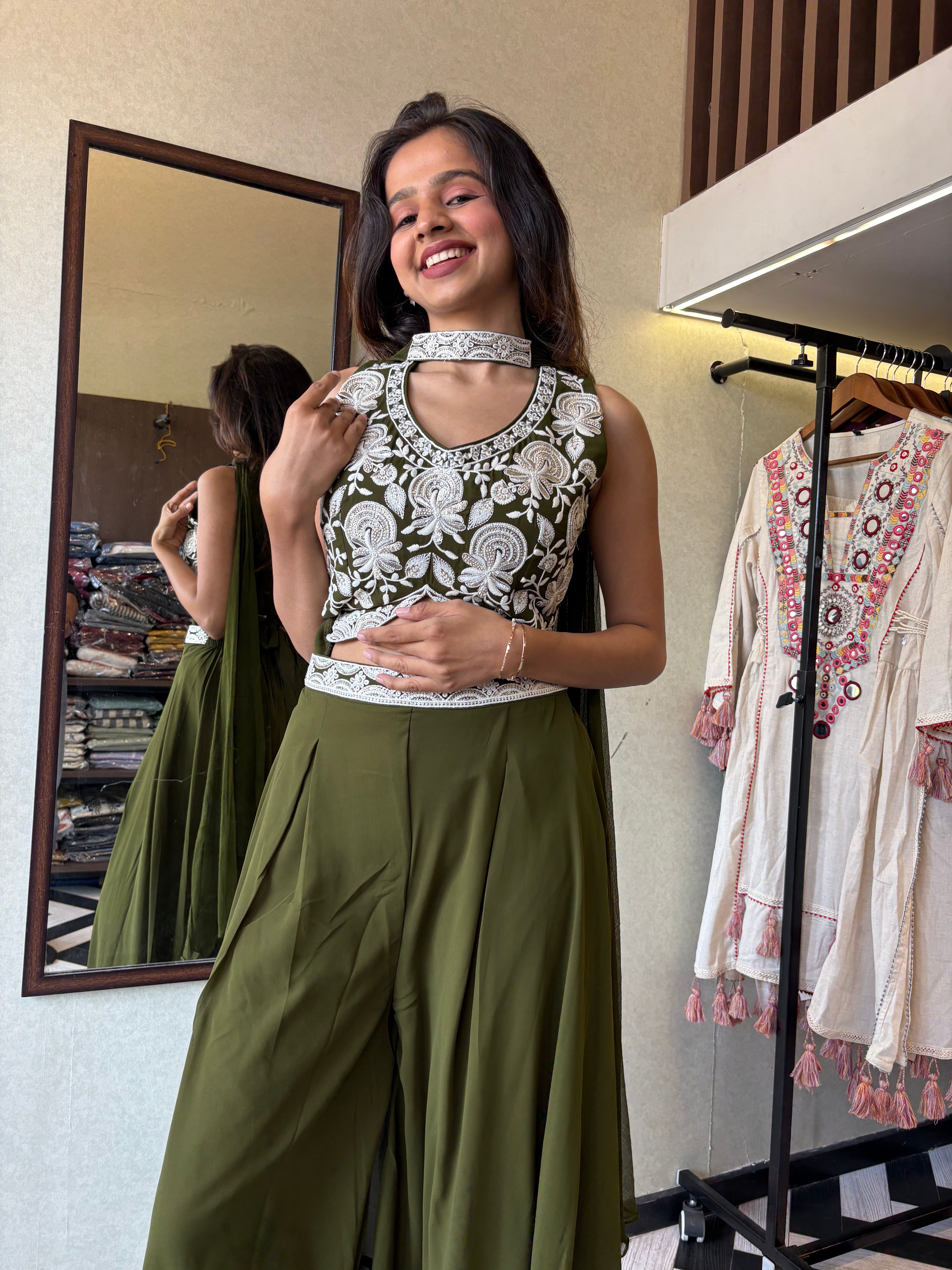 Image of Our 2-piece Indo-Western stunner - crafted in pure georgette with a fully embroidered blouse and a beautifully flowing drape-style bottom that blends Indian grace with modern charm!