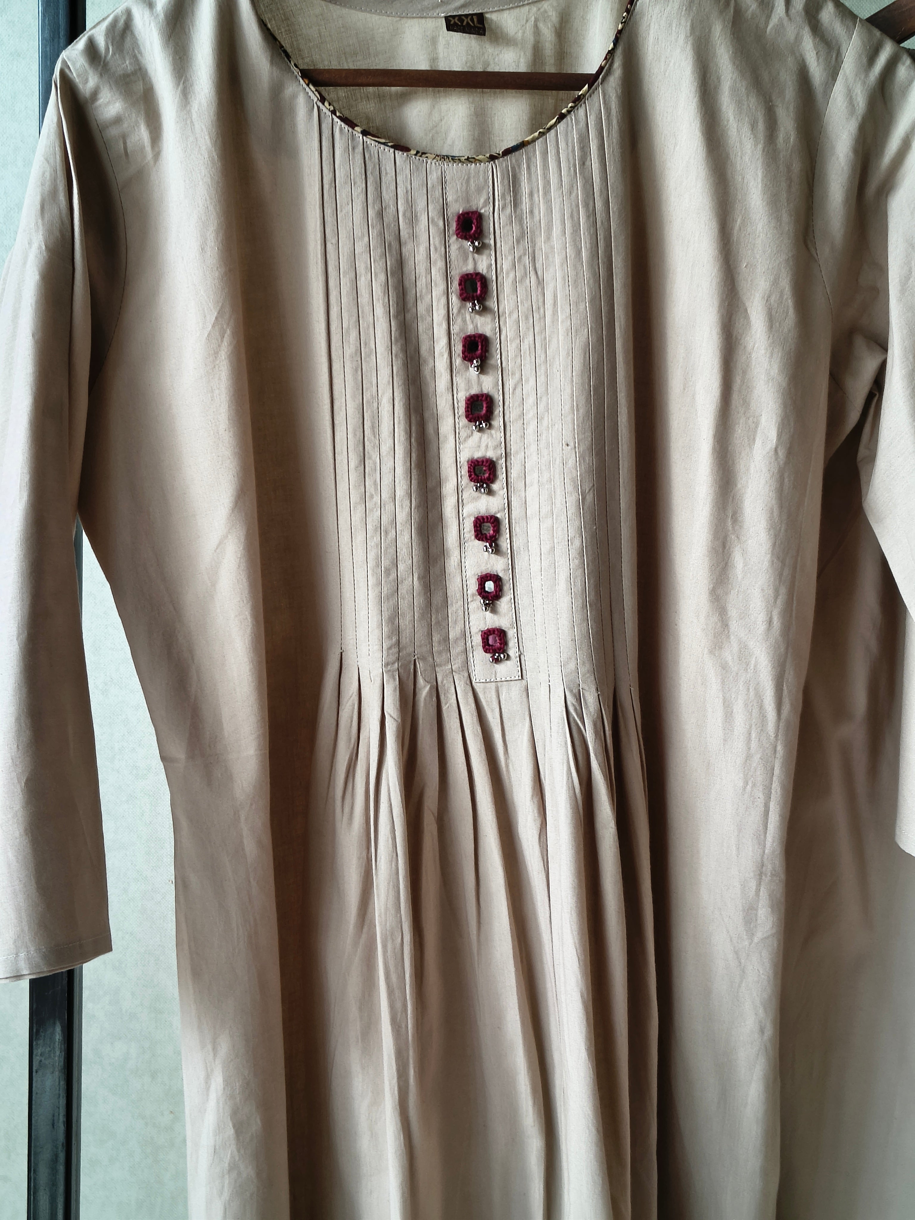 Image of Beige Embroidered Three-Piece Kurta Set with Pintuck Detailing & Designer Dupatta
