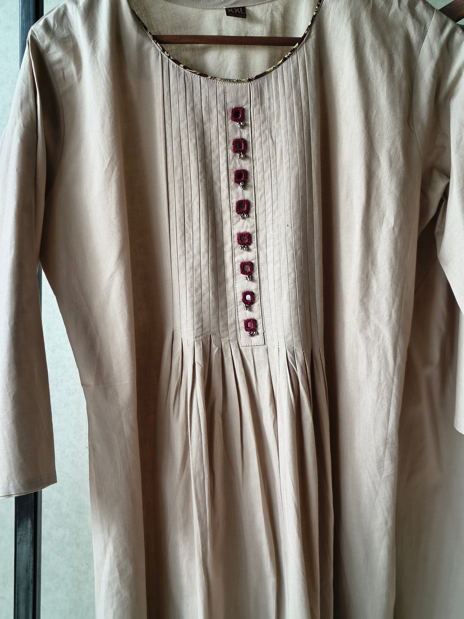 Beige Embroidered Three-Piece Kurta Set with Pintuck Detailing & Designer Dupatta