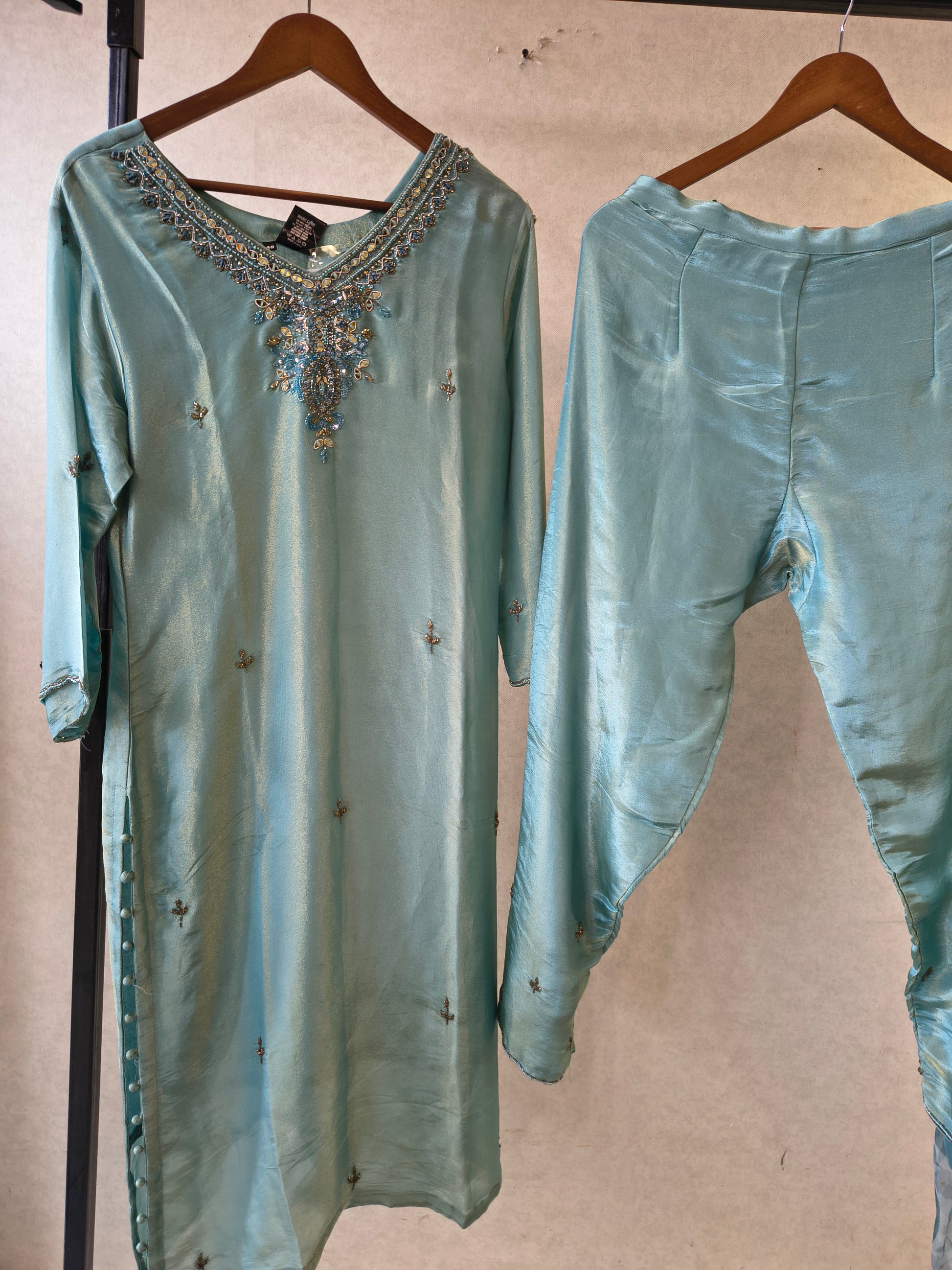 Ice Blue Hand-Embroidered Designer Kurta Set with Floral Organza Dupatta | Premium 3 Piece Ethnic Suit