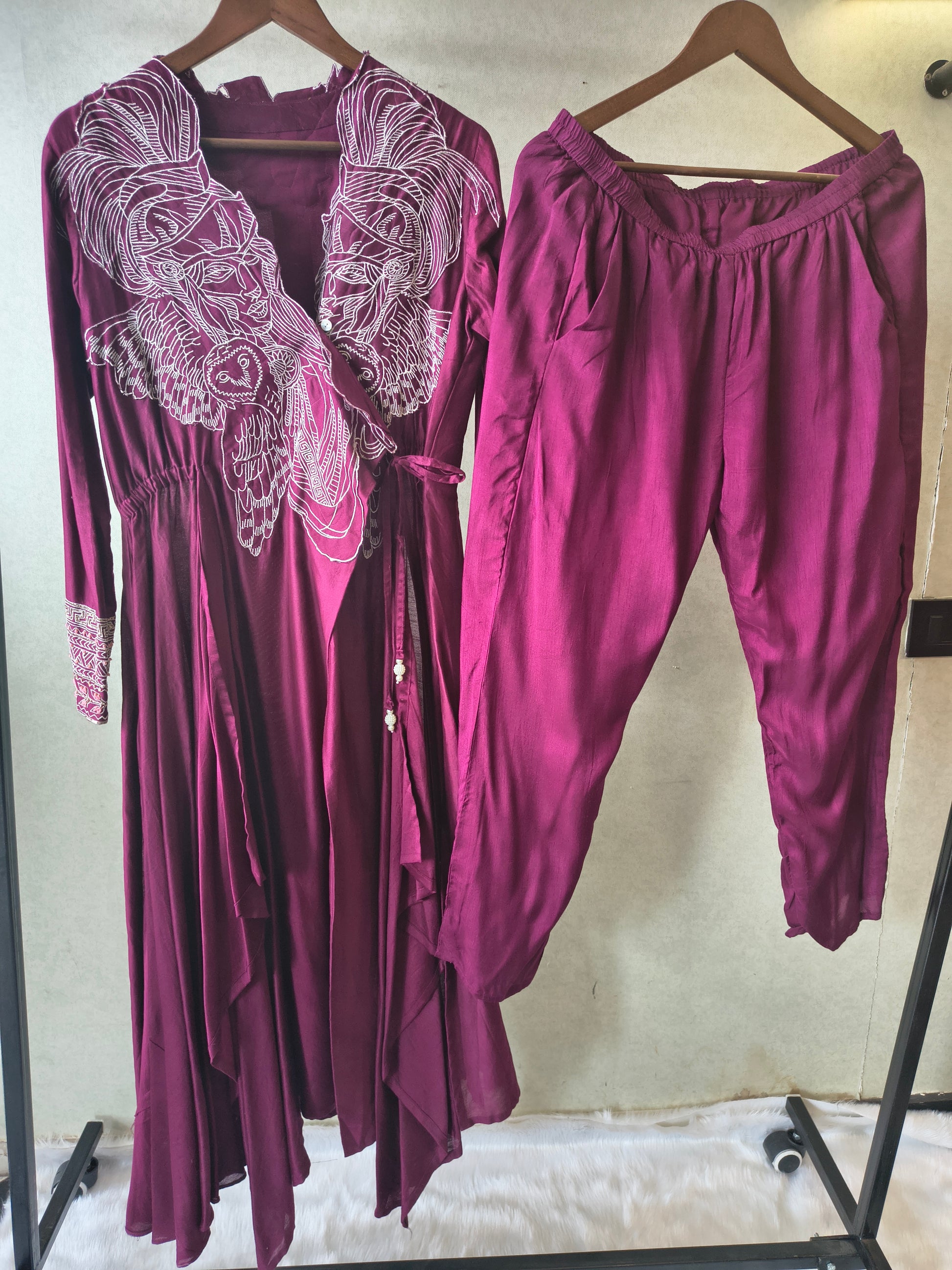 Wine Embroidered Wrap Style Indo-Western Jacket with Dhoti Pants – Designer 2 Piece Fusion Set