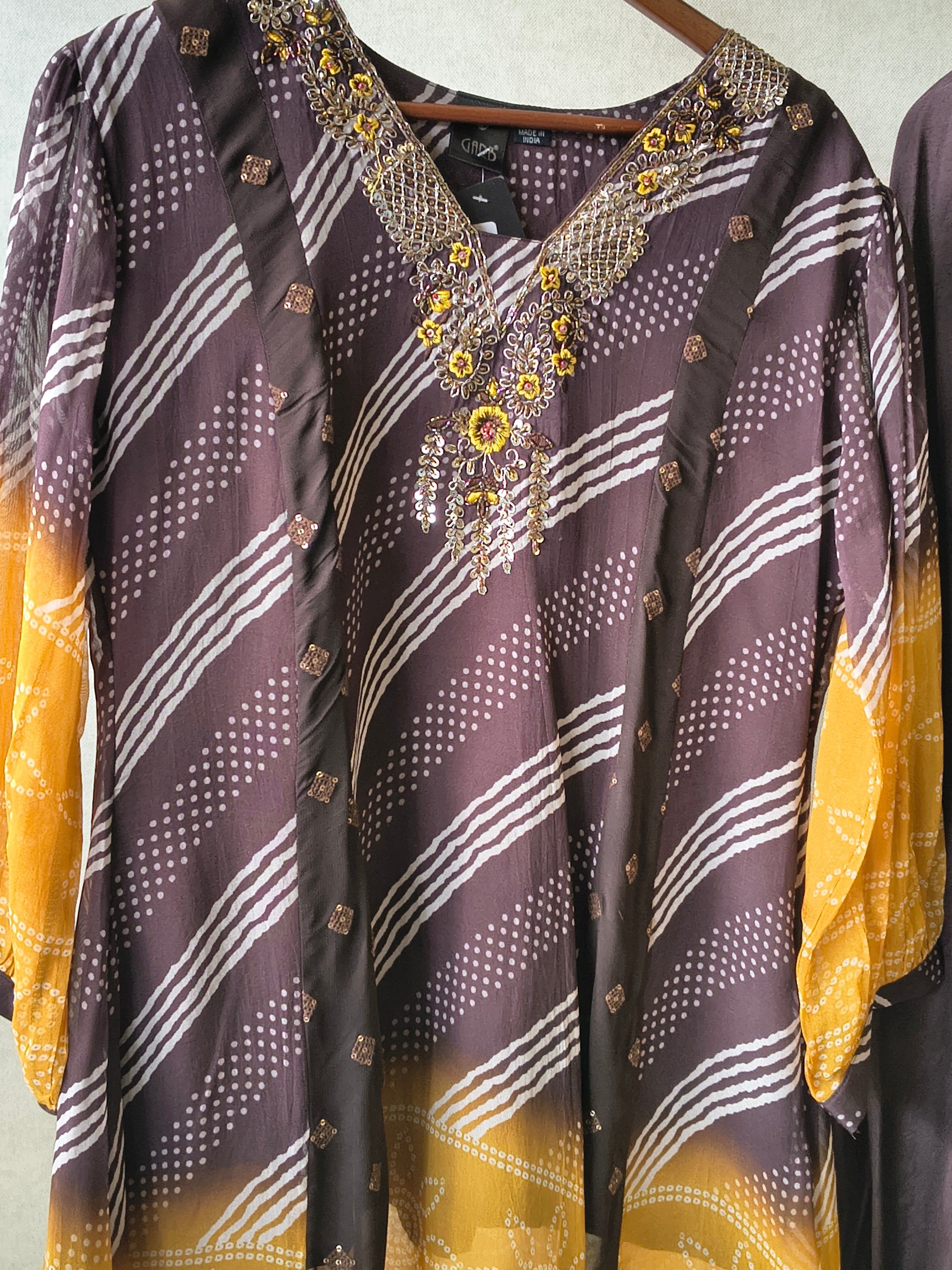 Image of Premium Charcoal & Mustard Bandhani Print Kaftan Kurta with Dhoti Pants Set