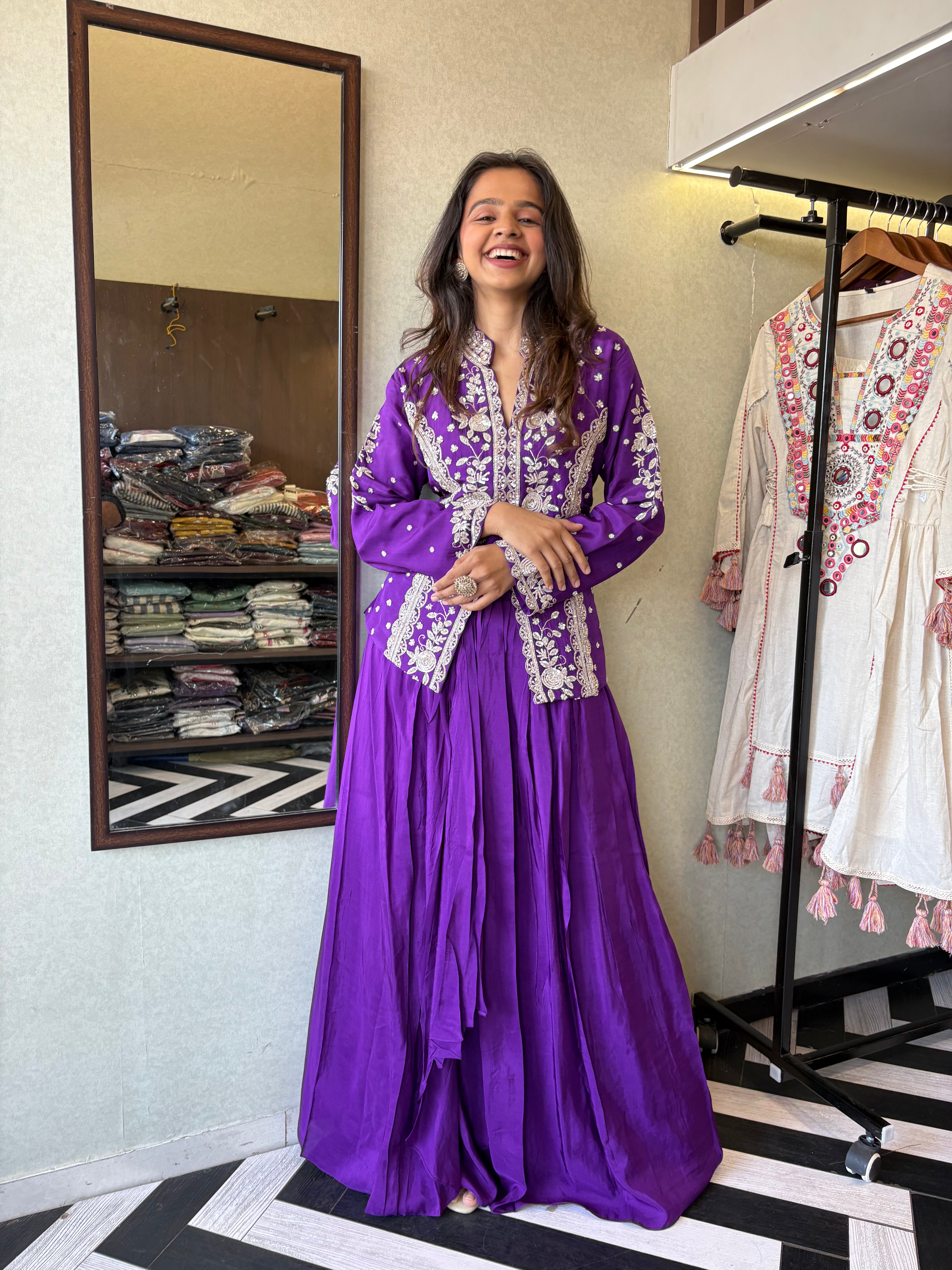 Be the showstopper in this premium pure silk Indo-Western 3-piece set