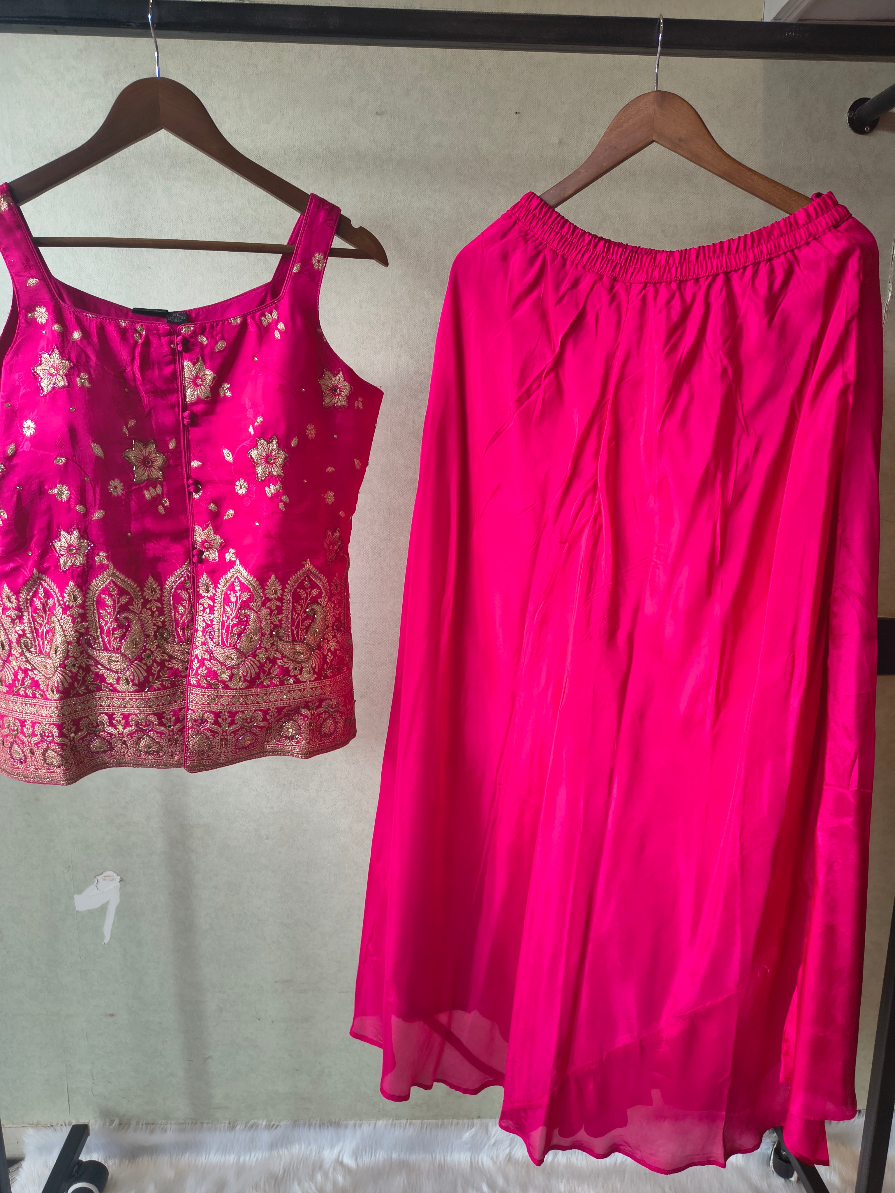 Image of Premium Rani Pink Satin Silk 3-Piece Lehenga Set with Heavy Zari Embroidered Blouse & Dupatta