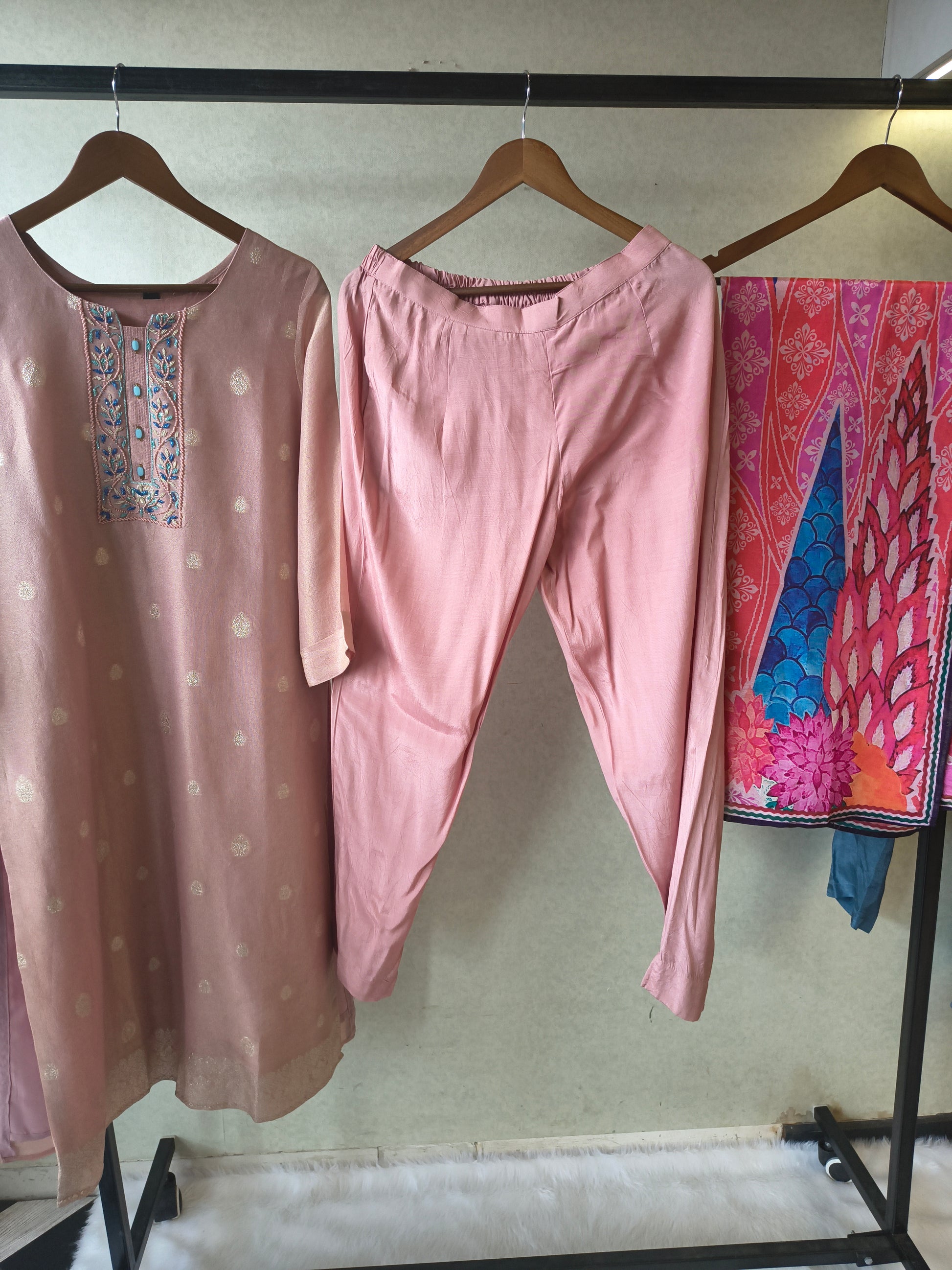 Premium Blush Pink Embroidered Straight Kurta with Cigarette Pants & Designer Printed Dupatta Set