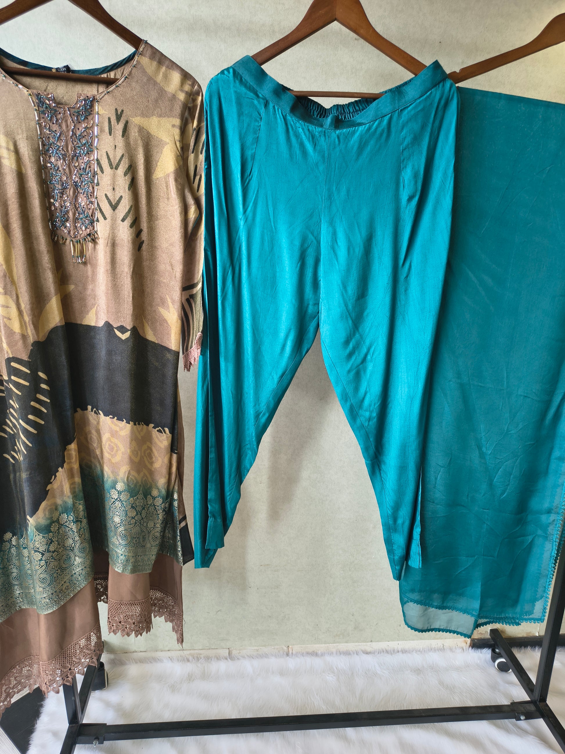 Premium Abstract Print Straight Kurta with Cigarette Pants & Dupatta Set