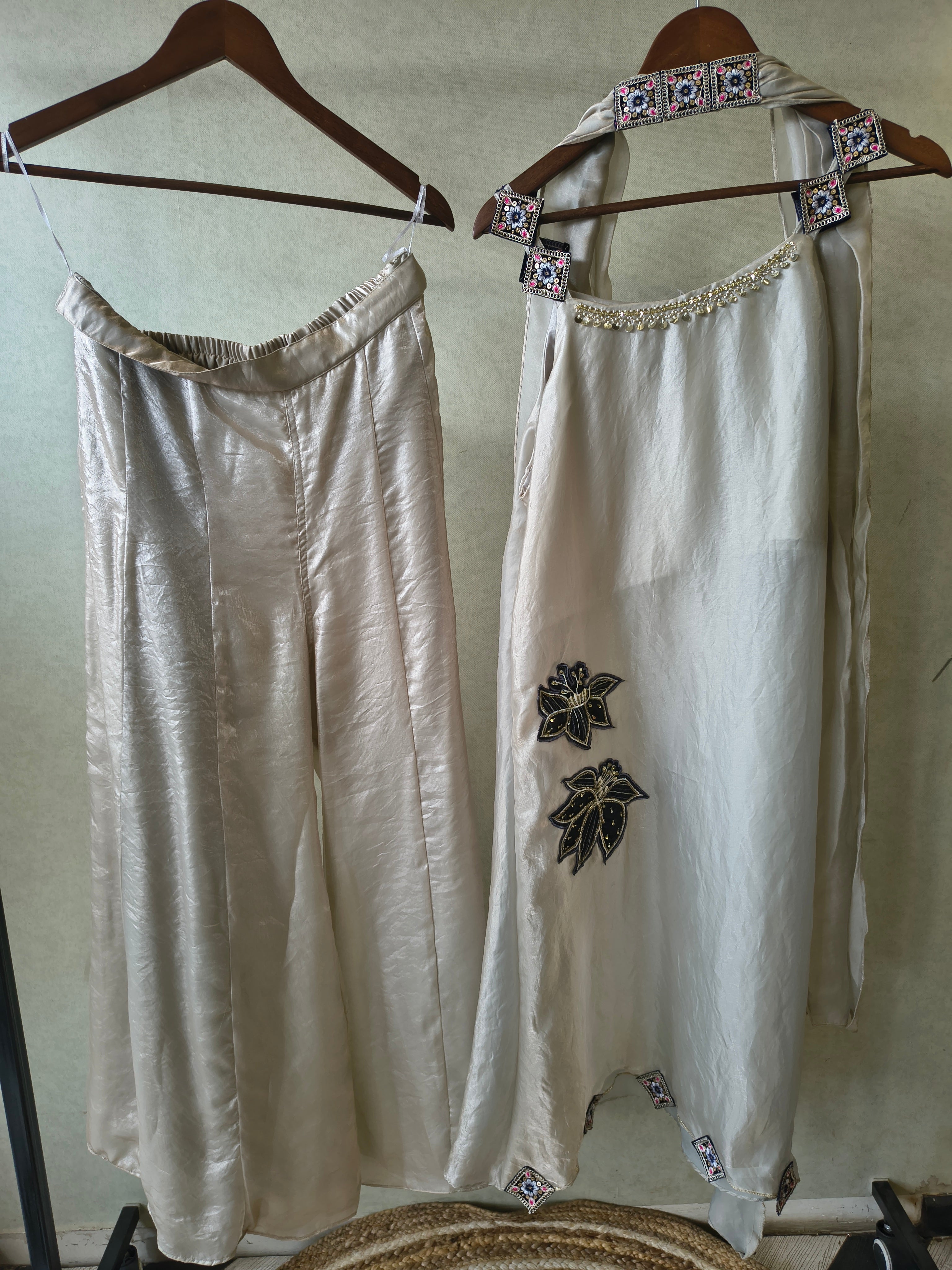 Image of Ivory Designer A-Line Dress with Handcrafted Floral Appliqué & Embellished Scarf