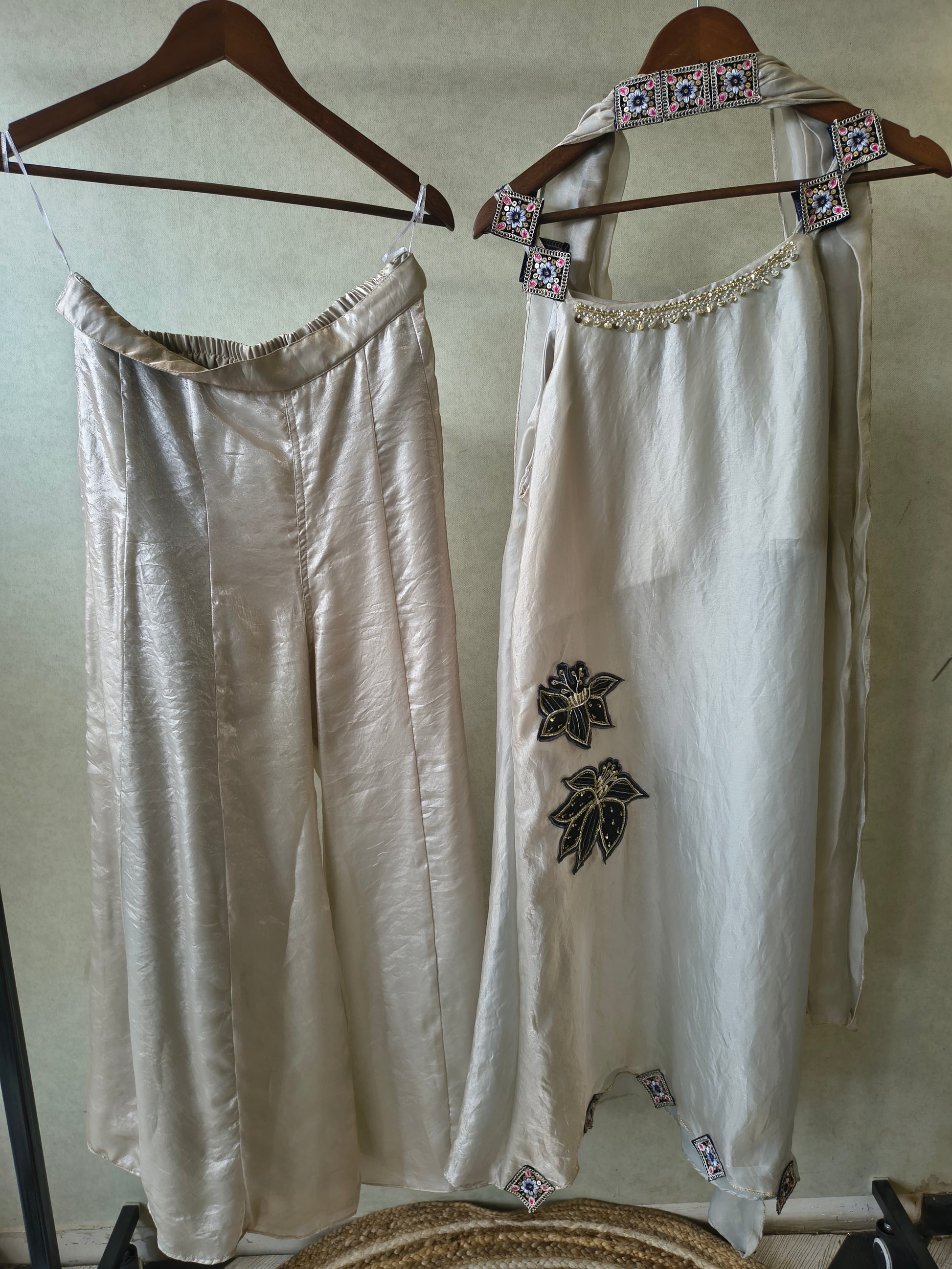 Ivory Designer A-Line Dress with Handcrafted Floral Appliqué & Embellished Scarf