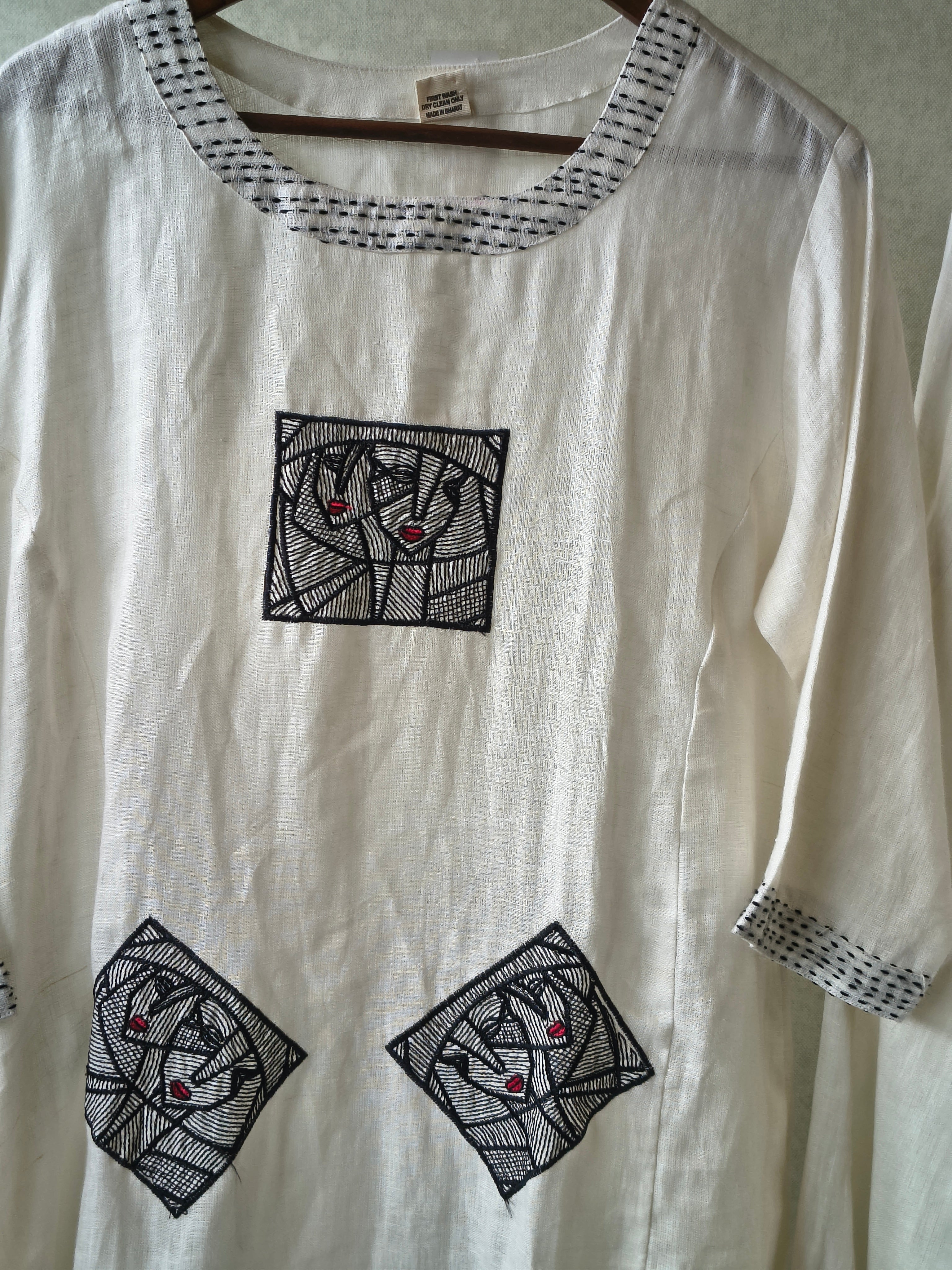 Image of Premium Off-White Artistic Abstract Embroidered Cotton Kurta with Straight Pants Set