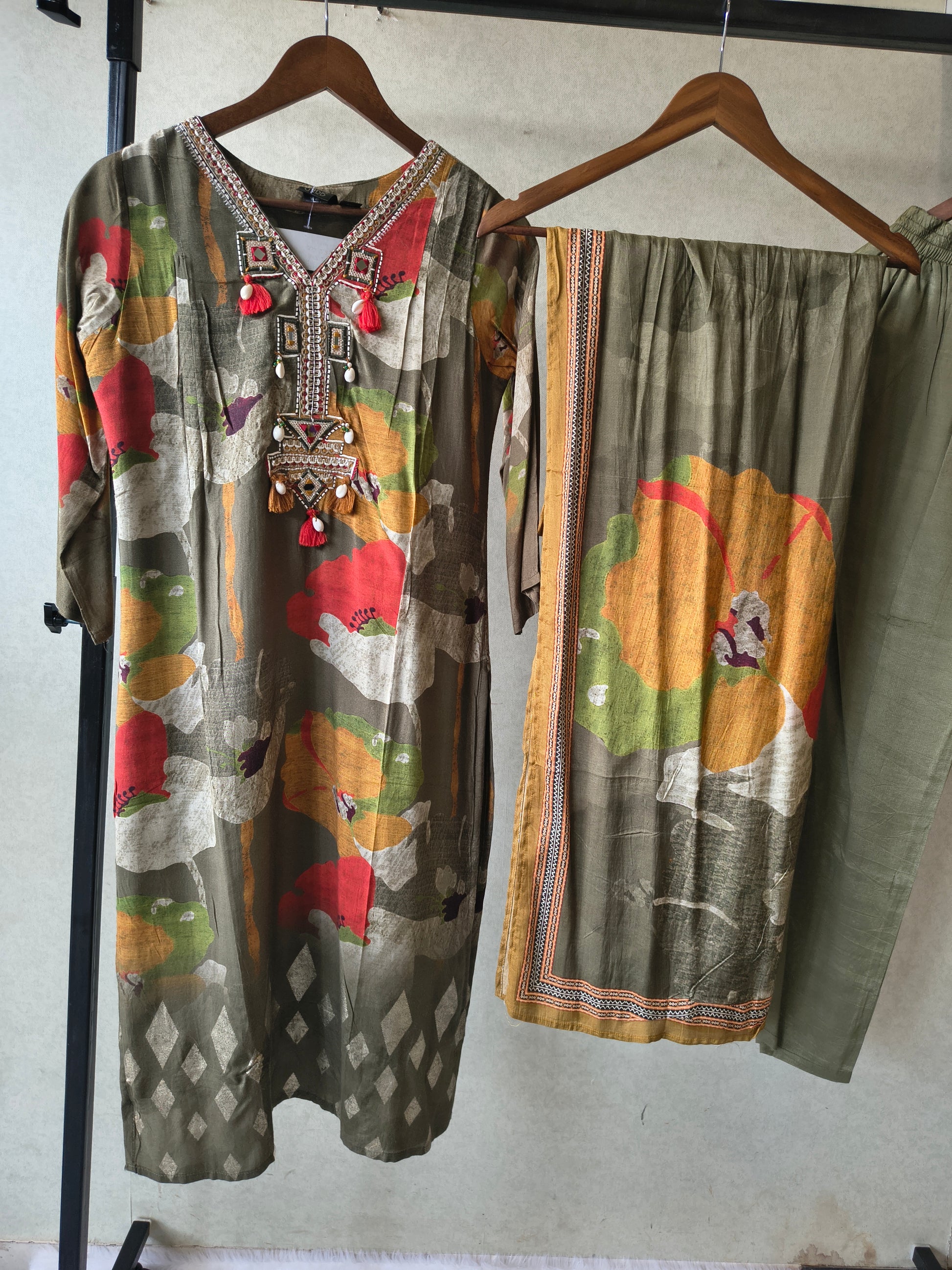 Premium Olive Green Floral Printed Kurta Set with Embellished Neckline, Solid Pants & Printed Dupatta