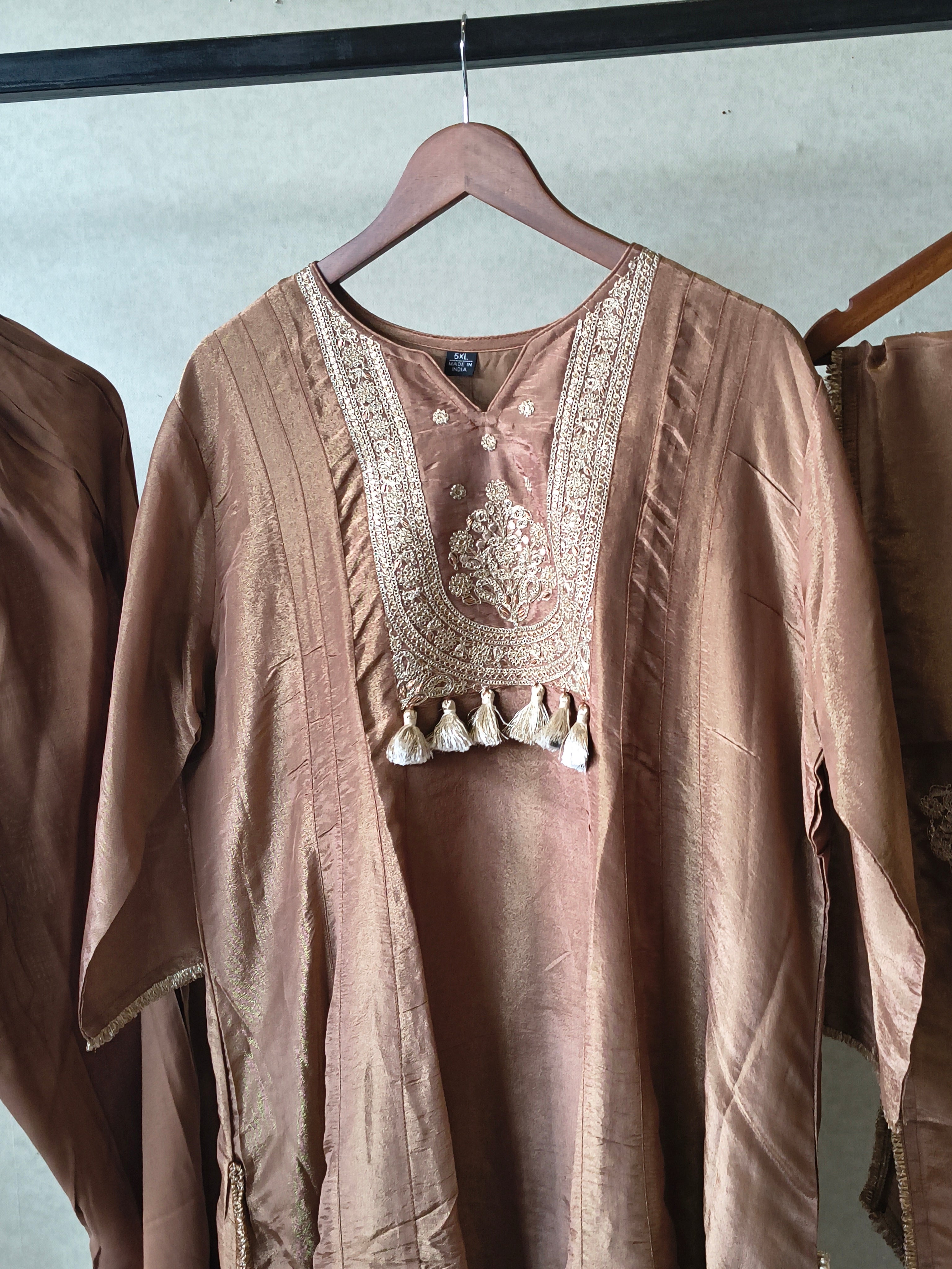 Image of Premium Copper Brown Embroidered A-Line Kurta Set with Dupatta