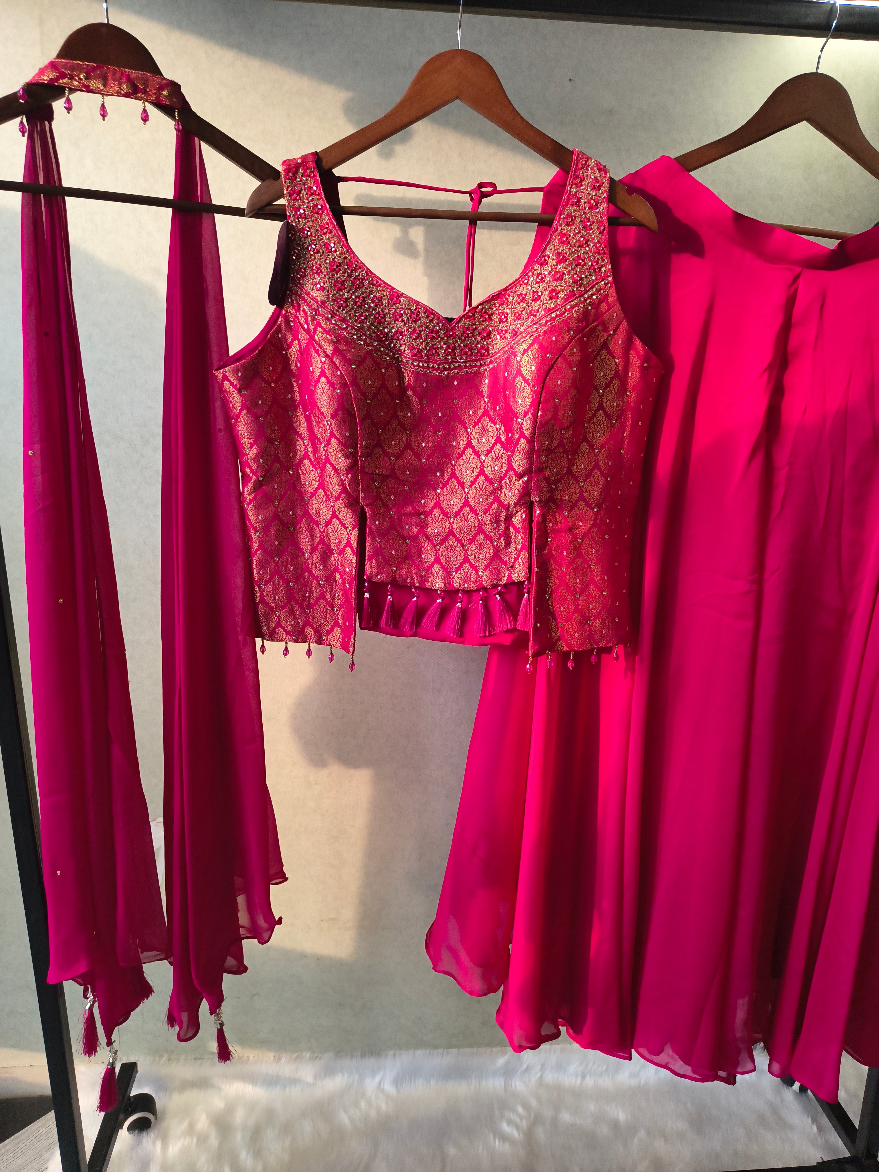 Image of Luxury Rani Pink Brocade Blouse with Flared Palazzo & Embellished Choker Dupatta – 3 Piece Designer Indo-Western Set