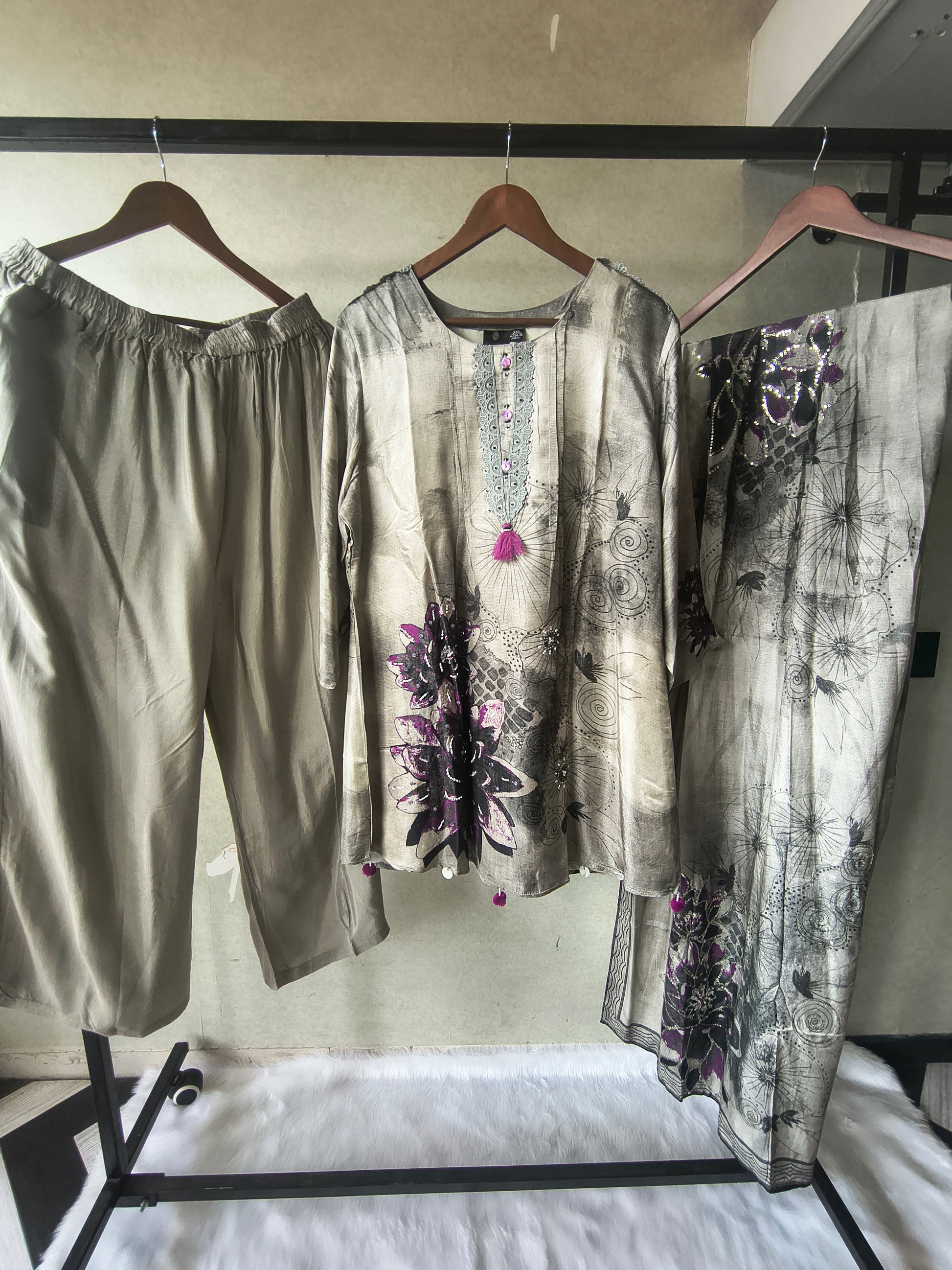 Premium Grey Abstract Floral Printed Kurta Set with Embellished Neckline, Solid Pants & Designer Printed Dupatta