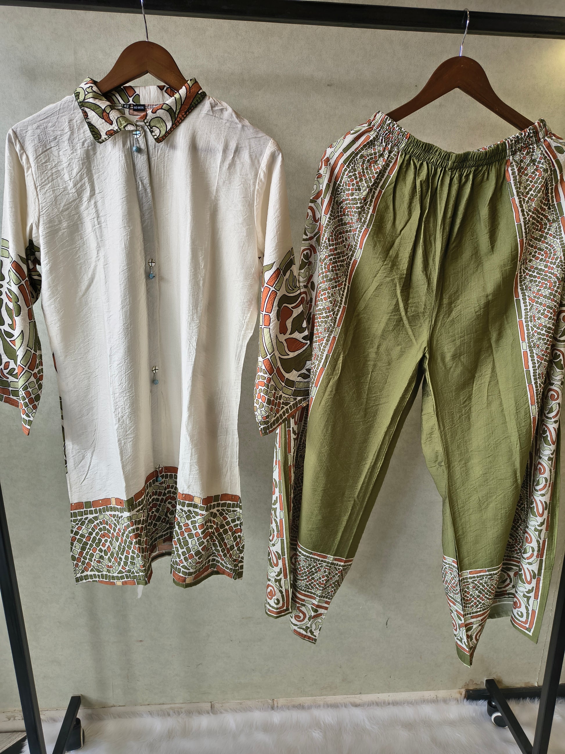 Premium Ivory Printed Cotton Kurta with Olive Pants & Printed Dupatta Set