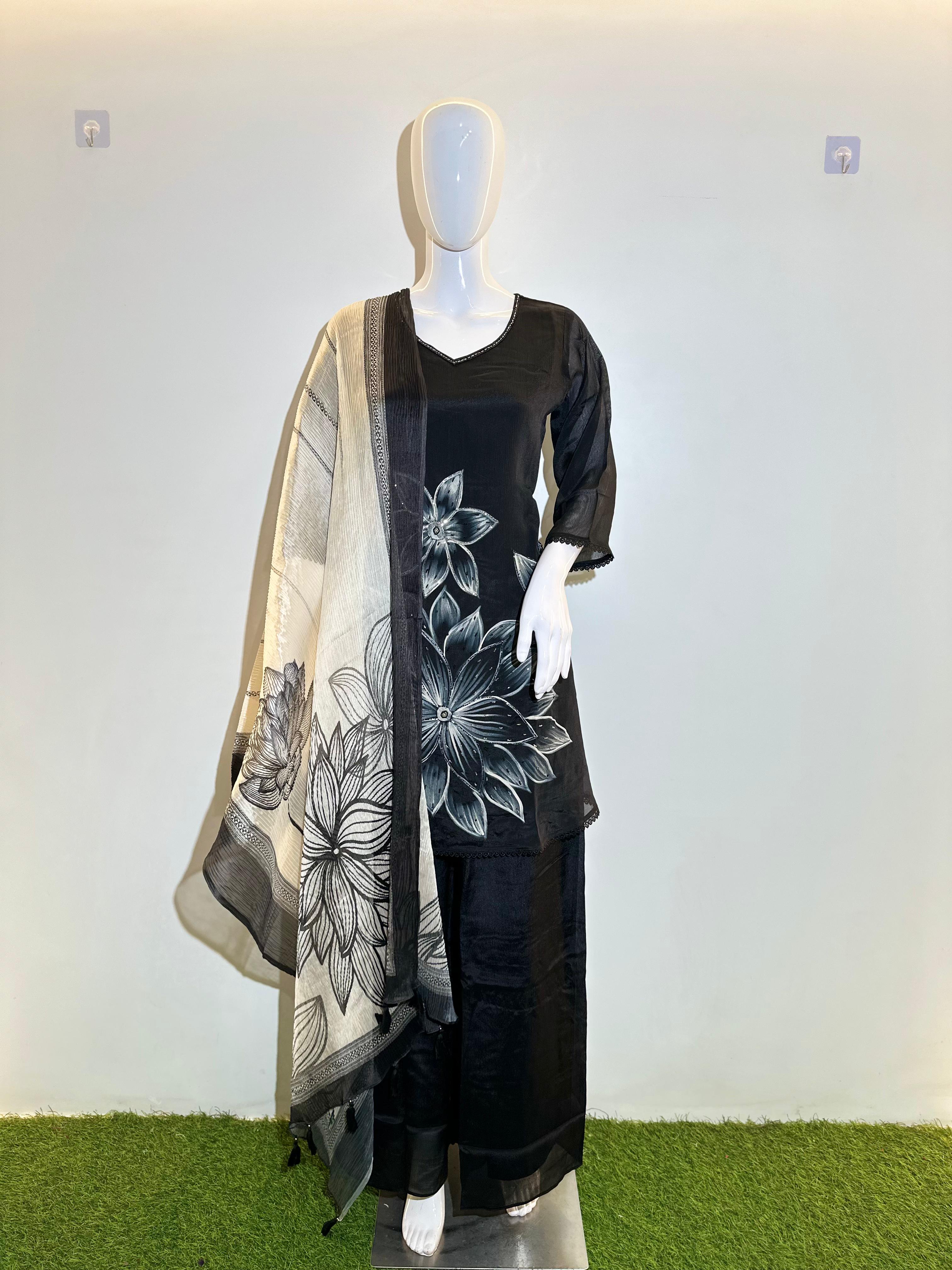 Image of Pastel Pure Silk 3 Piece Kurti Set with Hand work
