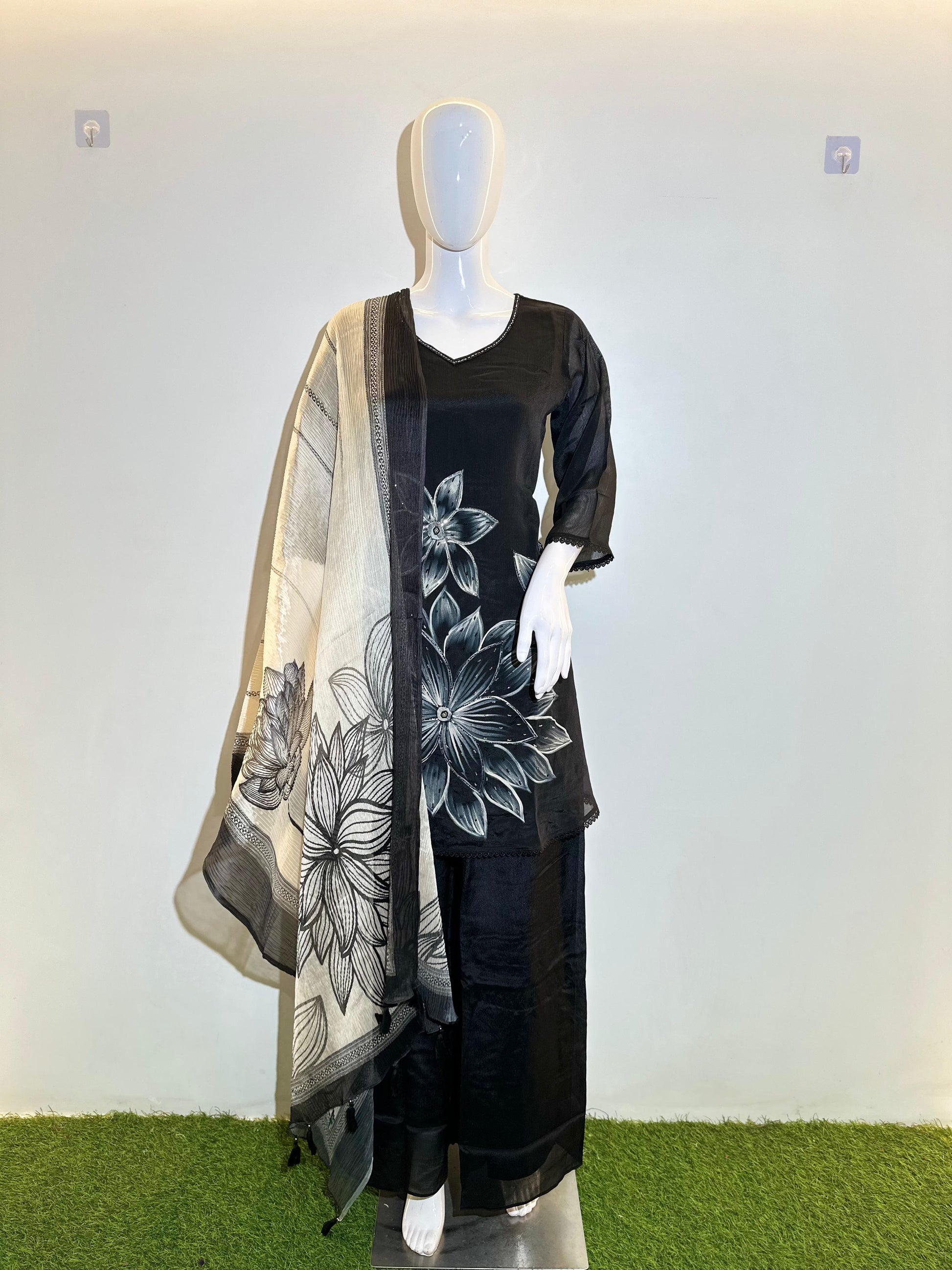 Pastel Pure Silk 3 Piece Kurti Set with Hand work