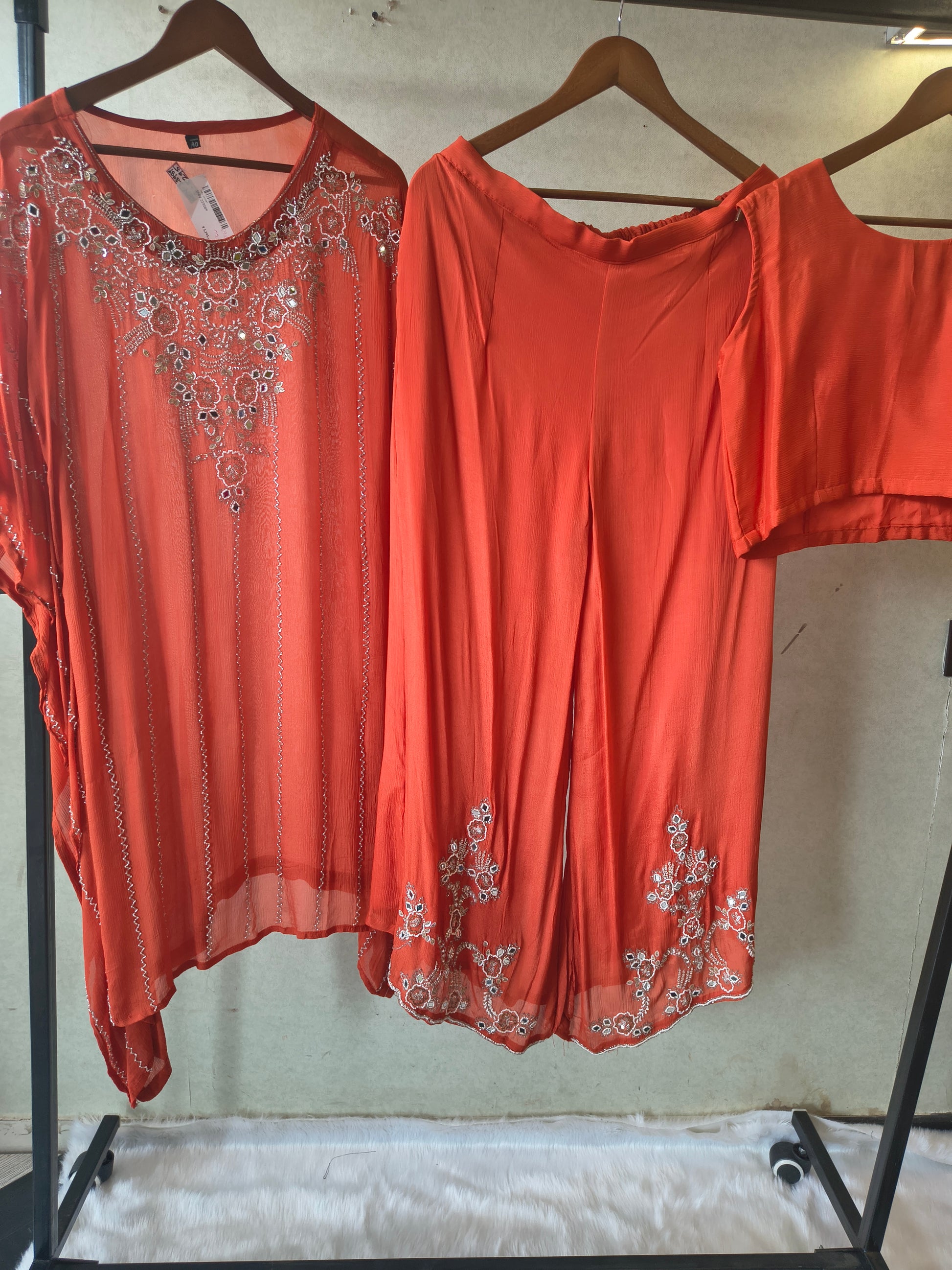 Rust Orange Embroidered Kaftan Co-Ord Set with Palazzo & Blouse – Designer 3 Piece Indo-Western Fusion Wear