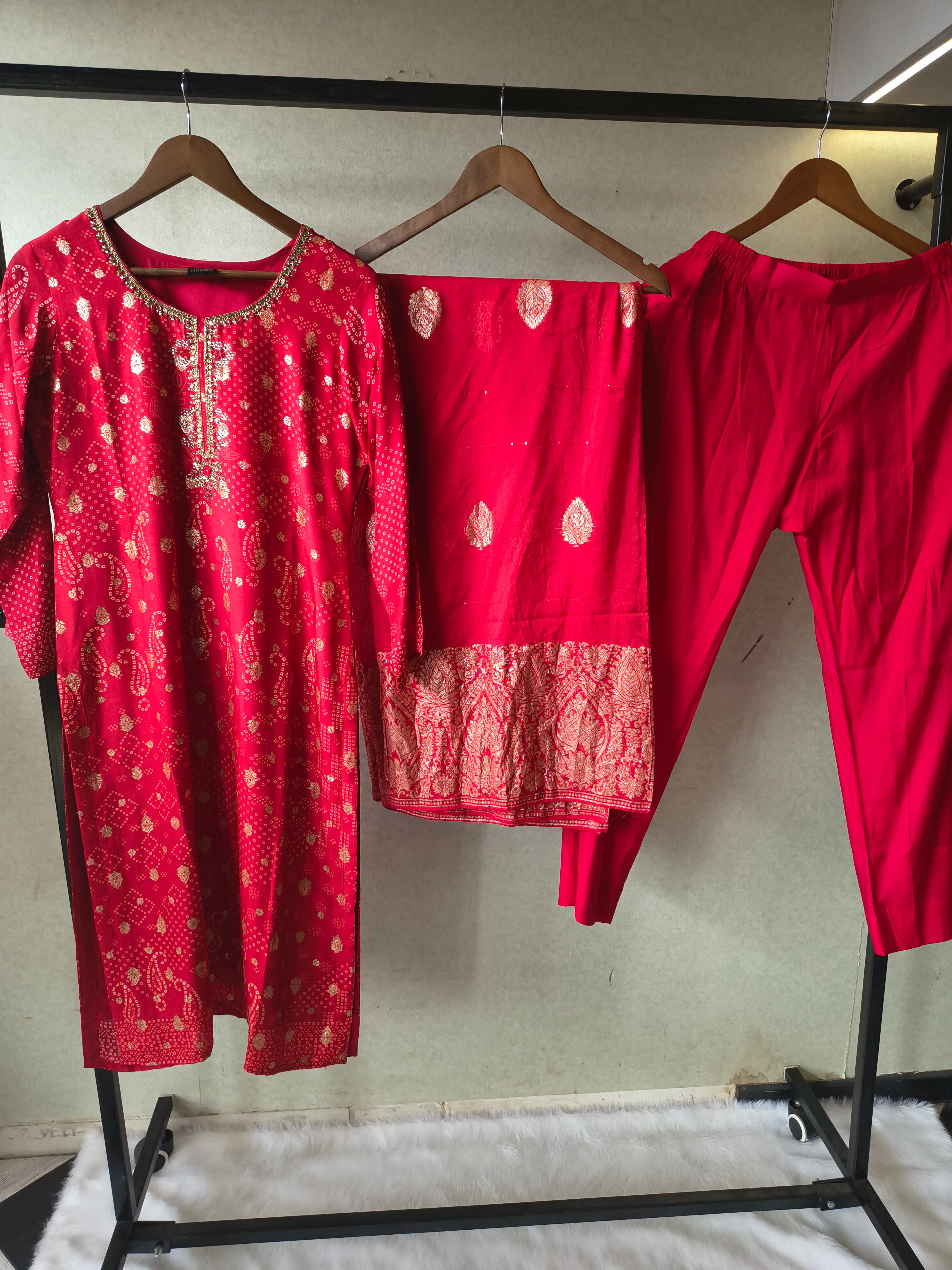 Image of Premium Crimson Red Zari Woven Kurta with Straight Pants & Banarasi Border Dupatta Set