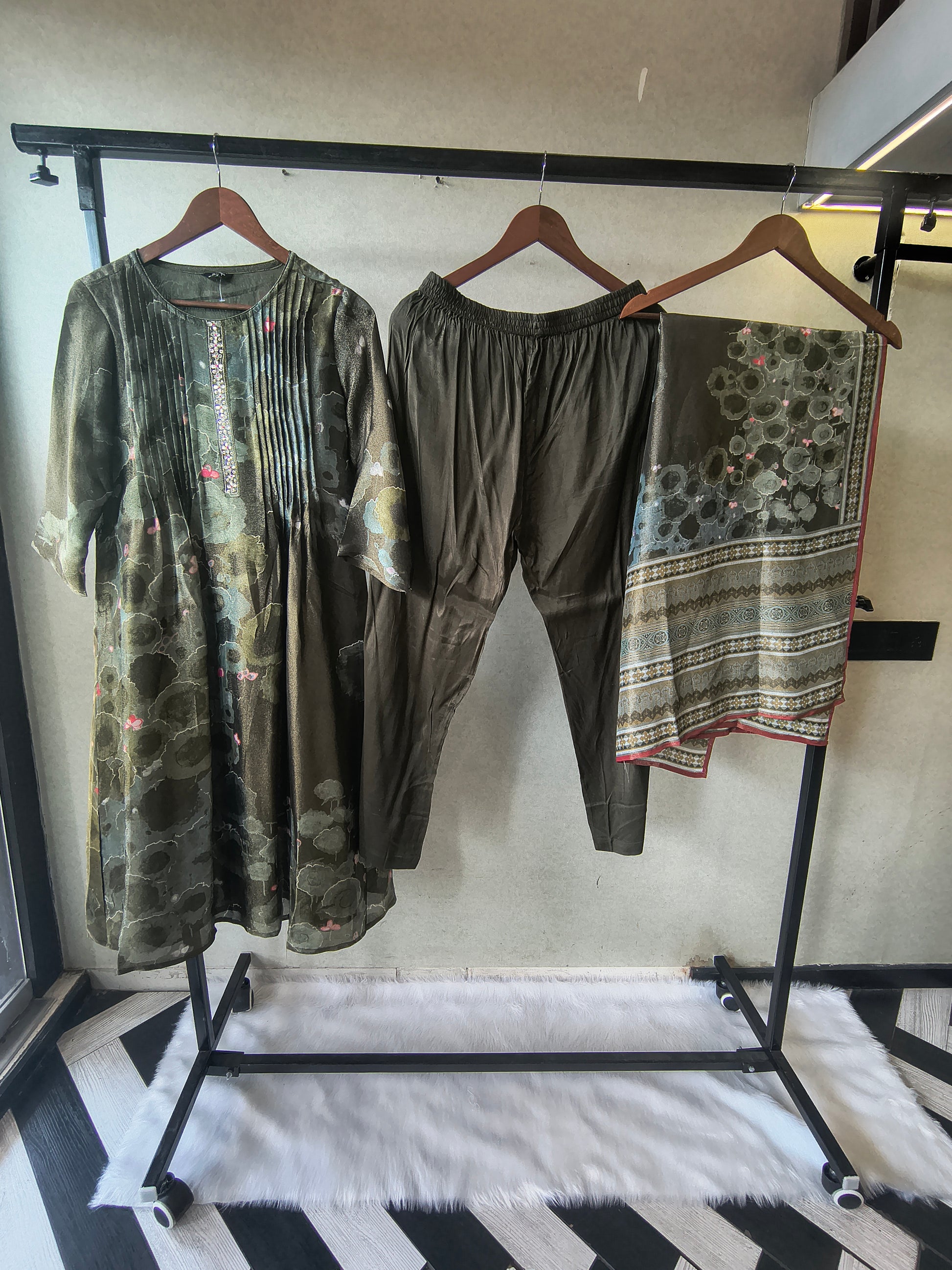 Premium Olive Green Abstract Printed A-Line Kurta Set with Dupatta