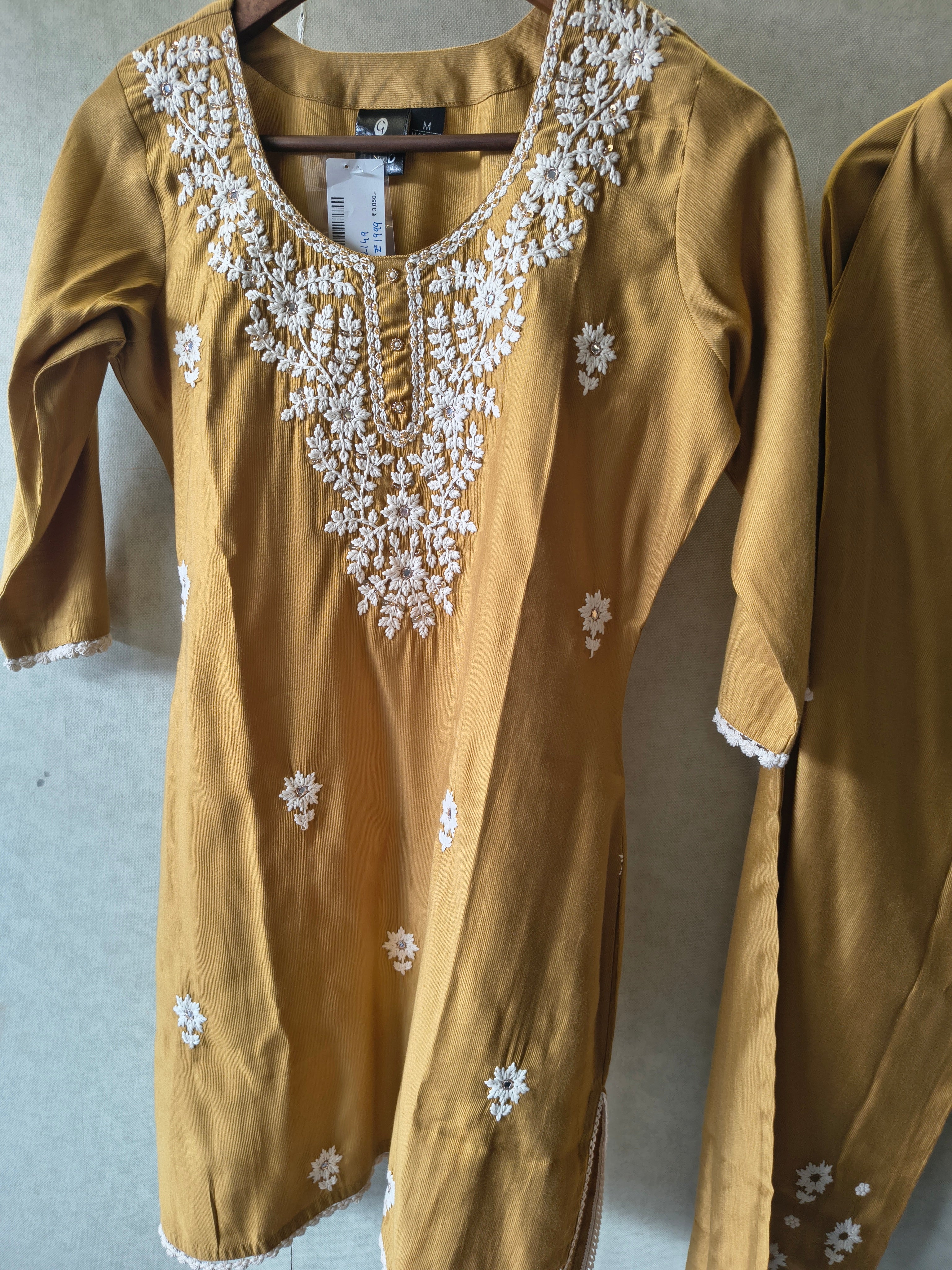 Image of Mustard Yellow White Embroidered Premium Kurta Pant Co-Ord Set