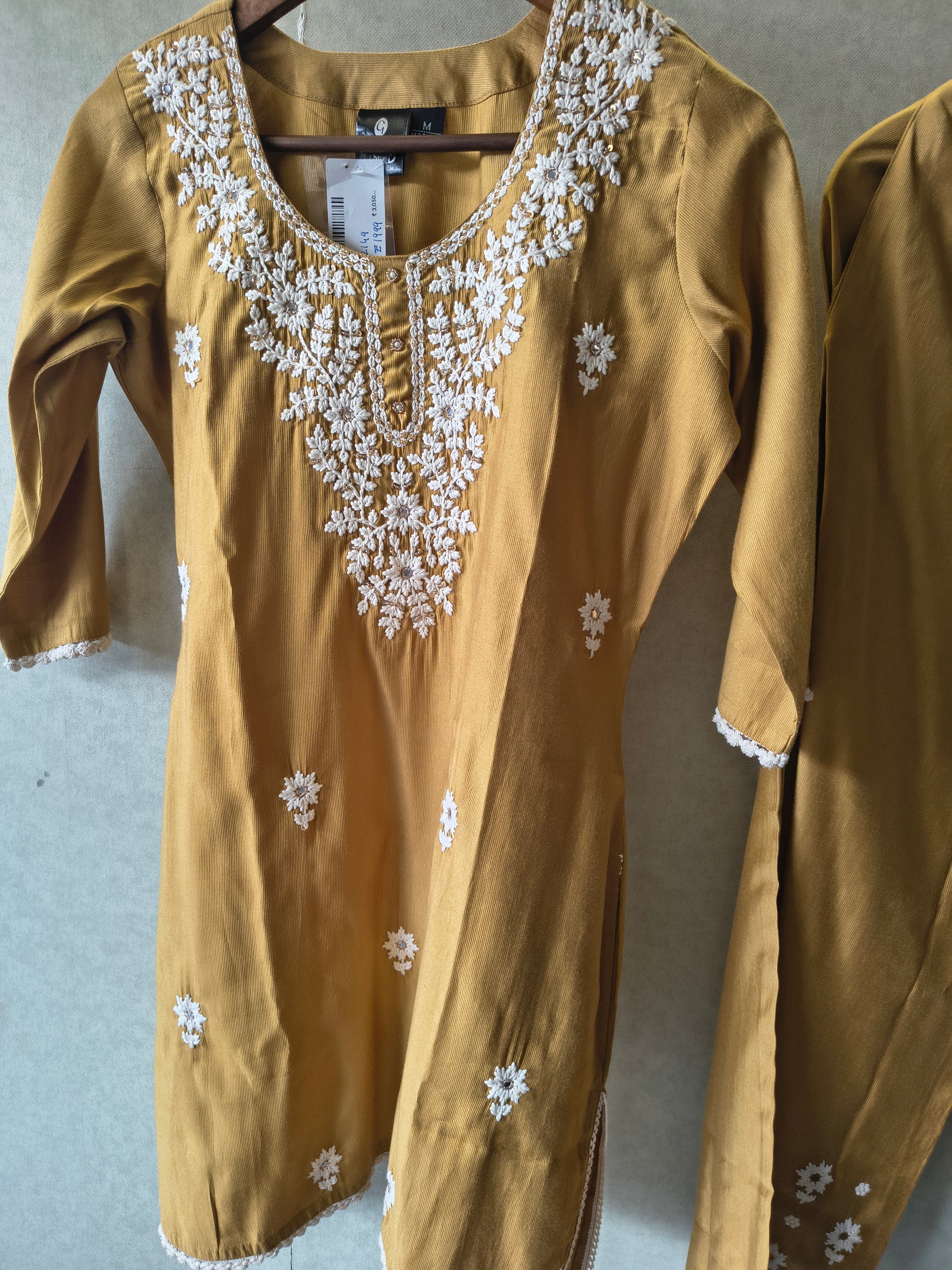 Mustard Yellow White Embroidered Premium Kurta Pant Co-Ord Set