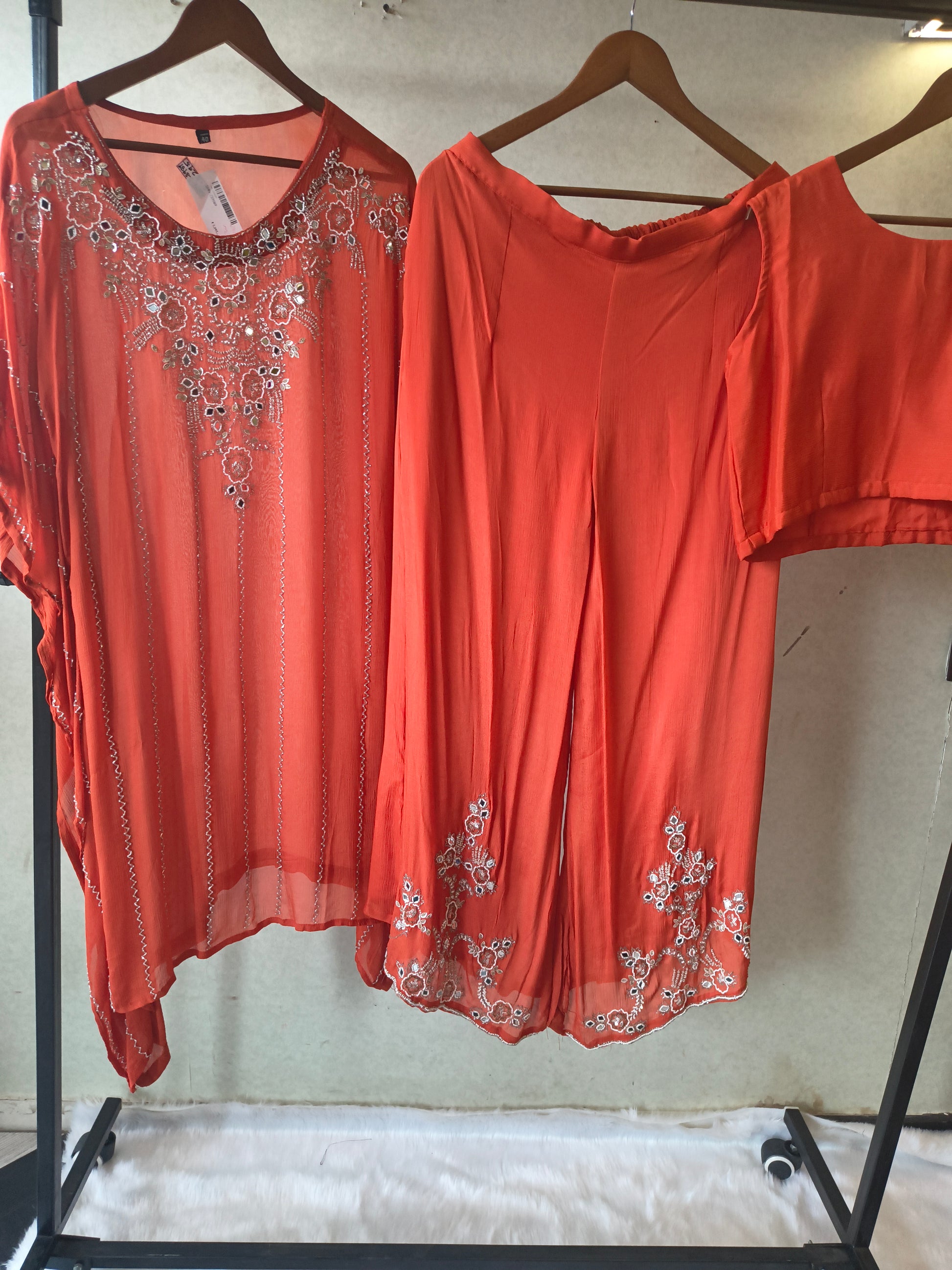 Rust Orange Embroidered Kaftan Co-Ord Set with Palazzo & Blouse – Designer 3 Piece Indo-Western Fusion Wear