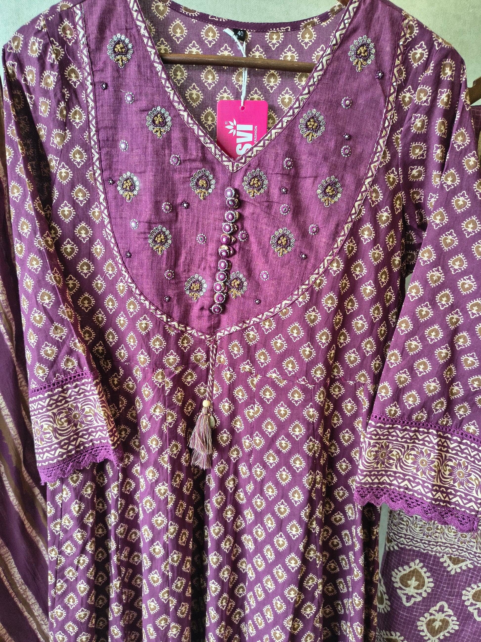 Plum Printed Cotton Anarkali Suit Set with Striped Pants & Dupatta