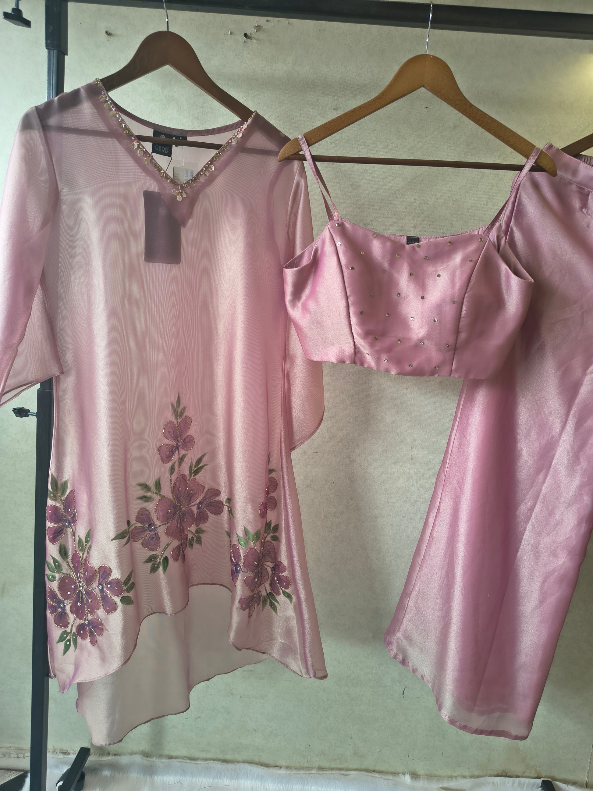Blush Pink Floral Embroidered Kaftan Co-ord Set with Hand-Painted Cape, Embellished Blouse & Palazzo