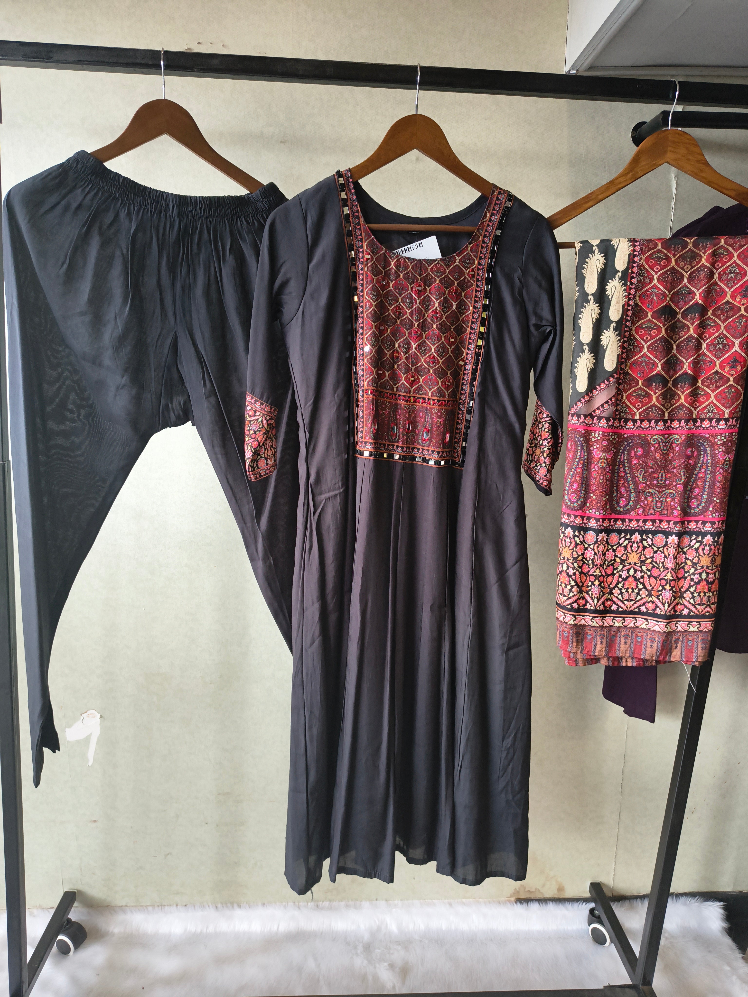 Image of Premium Black Printed Anarkali Kurta Set with Ethnic Yoke, Solid Pants & Designer Dupatta