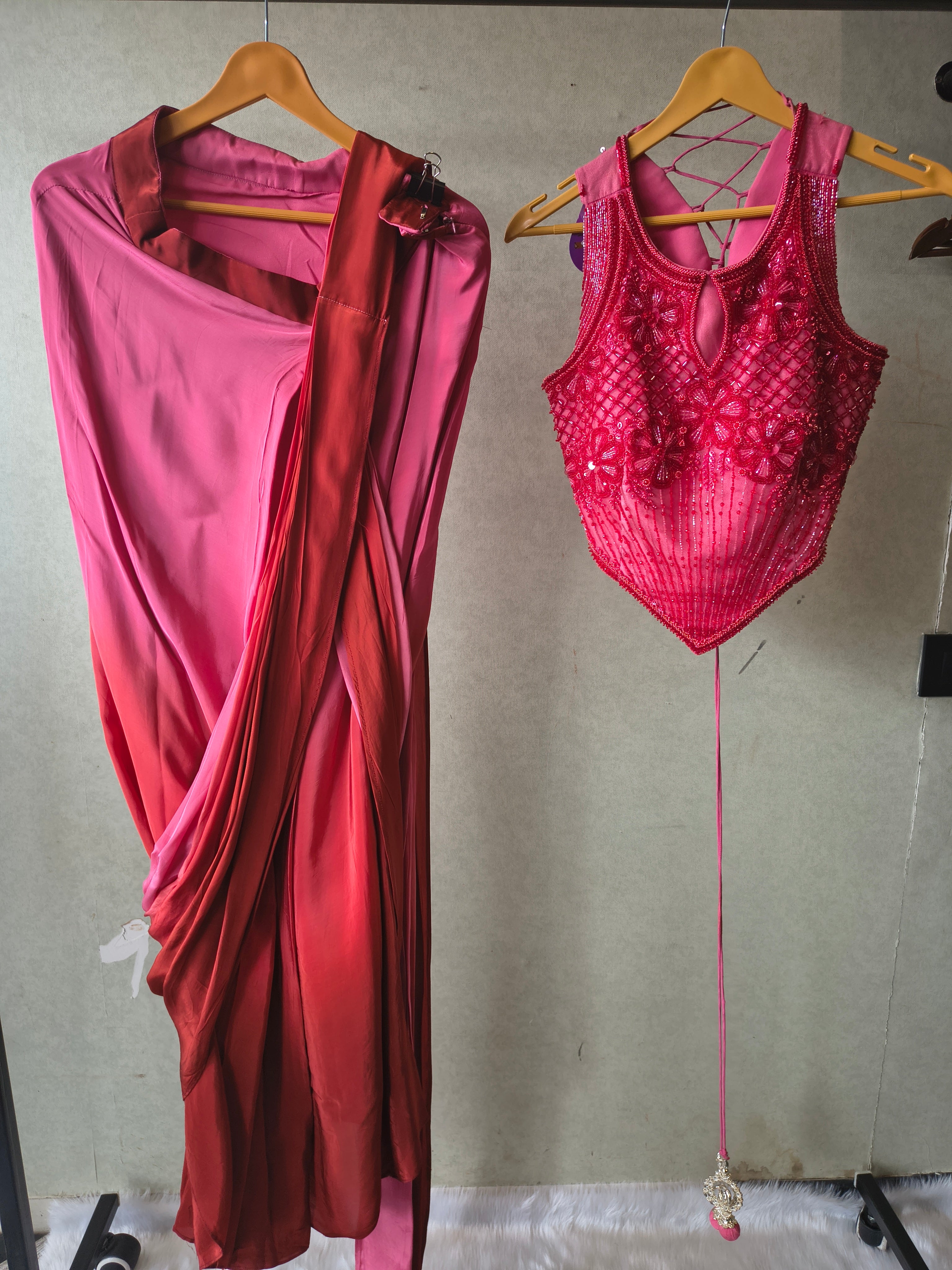 Image of Premium Ombre Pink Pre-Draped Designer Saree with Heavy Hand Embroidered Corset Blouse