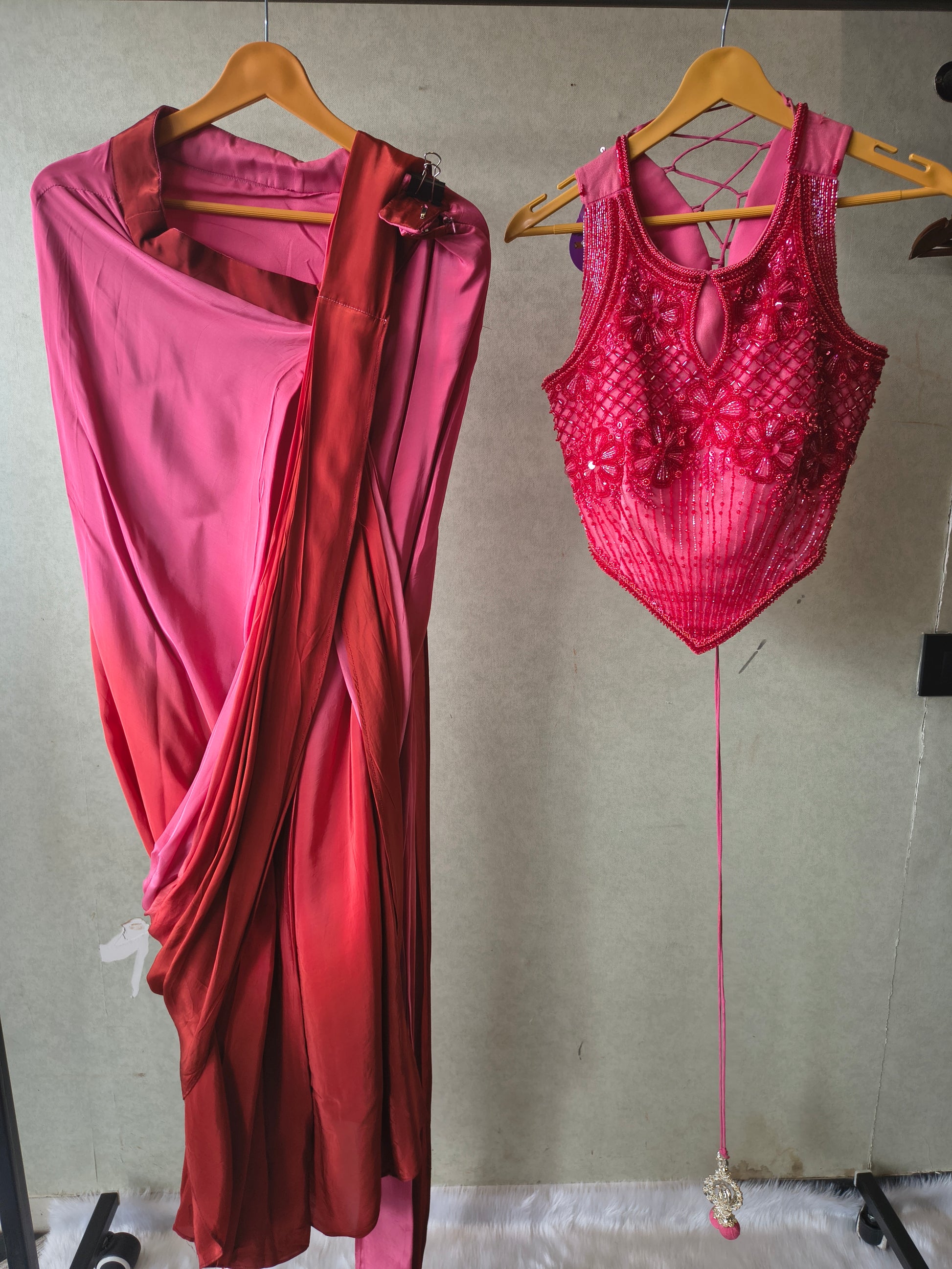 Premium Ombre Pink Pre-Draped Designer Saree with Heavy Hand Embroidered Corset Blouse