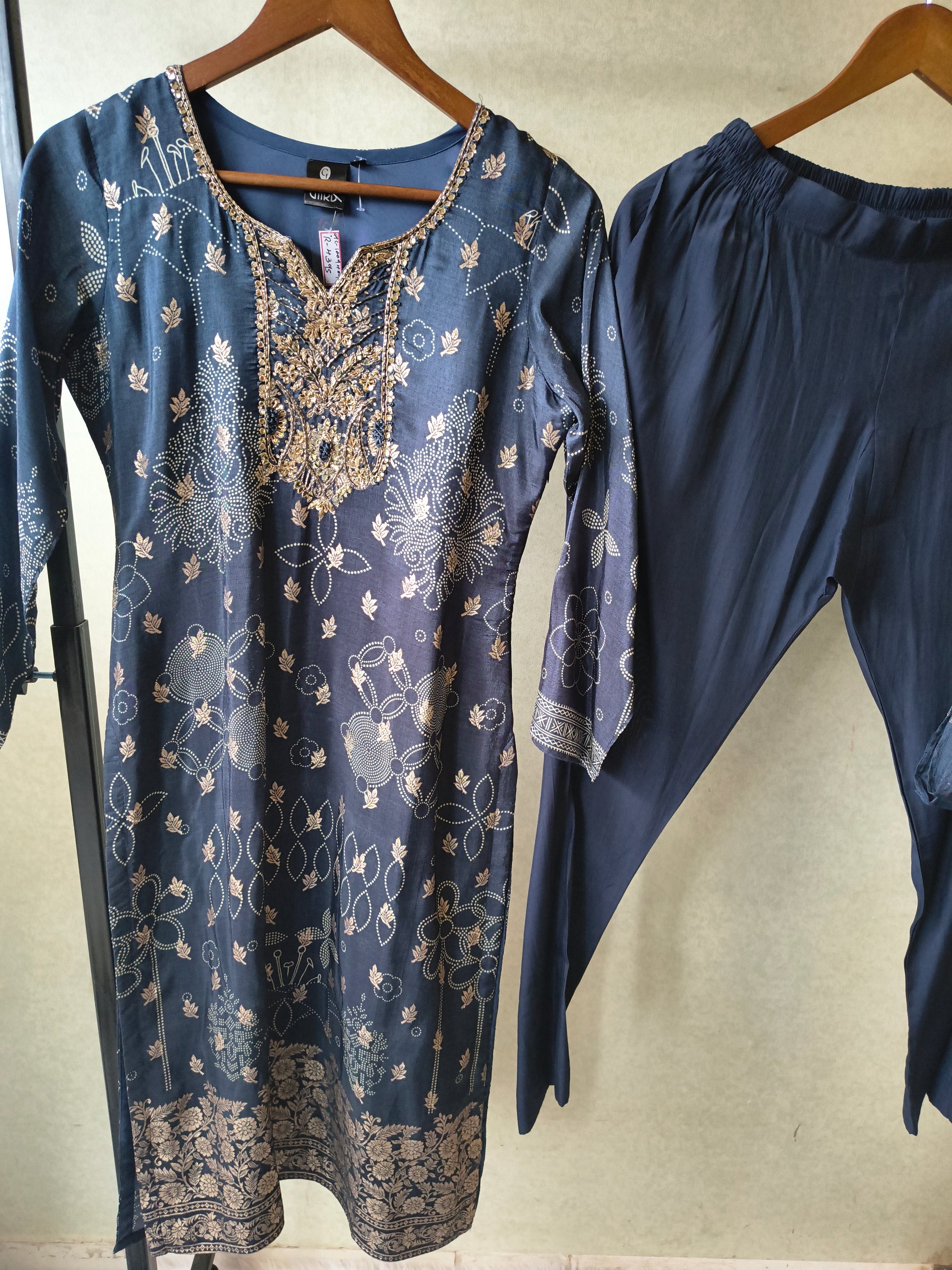 Premium Midnight Blue Zari Printed Kurta Set with Banarasi Dupatta