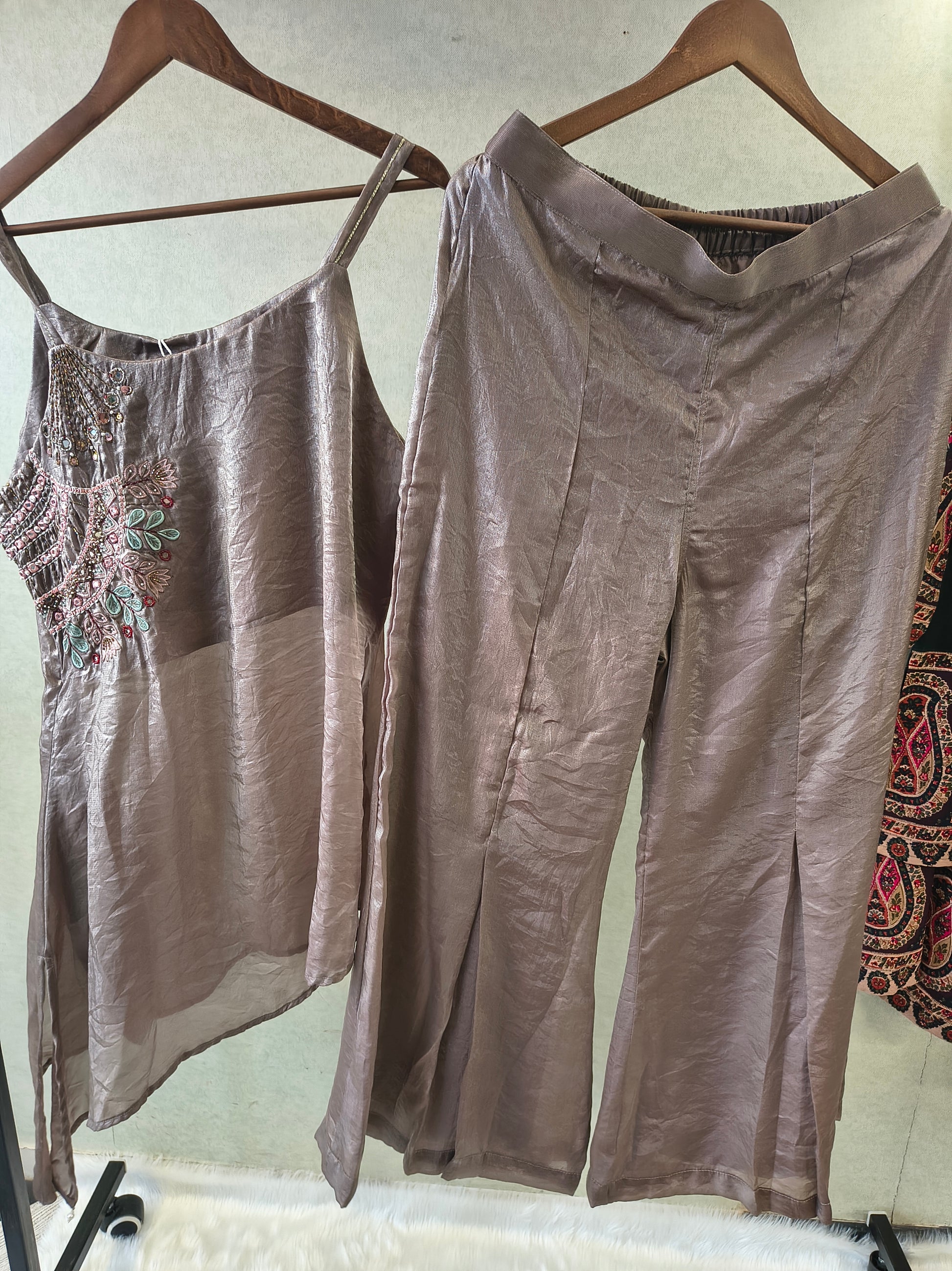 Steel Grey Asymmetrical Embroidered Indo-Western Kurta Set with Straight Pants & Dupatta – 3 Piece Designer Co-Ord Set
