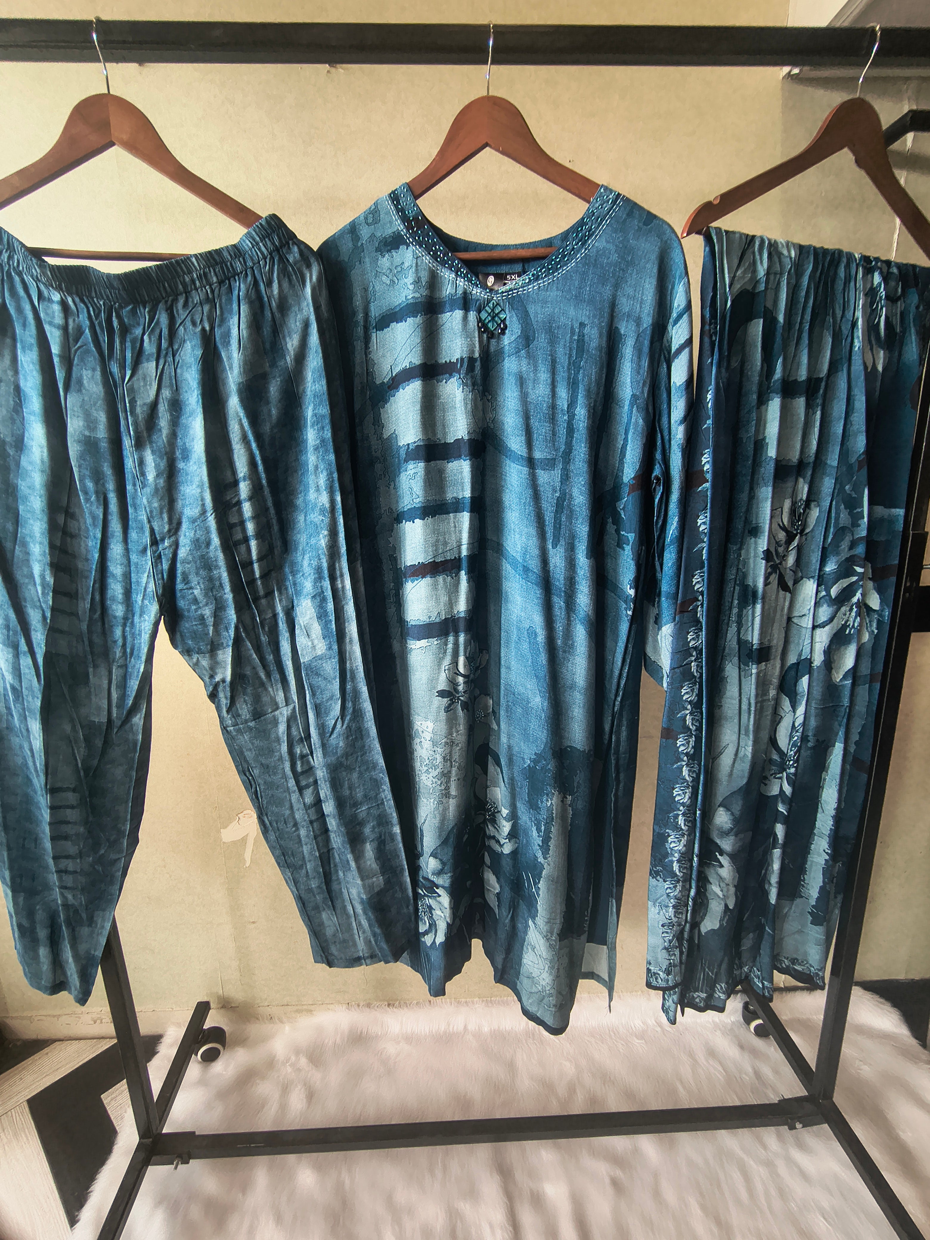 Image of Premium Teal Blue Abstract Printed Kurta Set with Pants & Dupatta